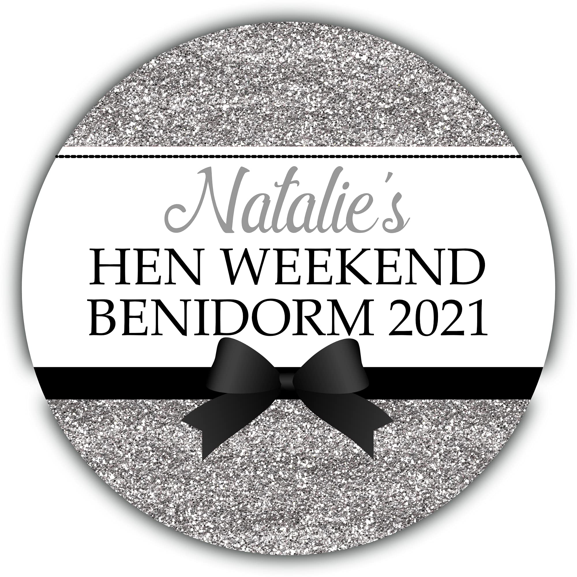 Personalised Gloss Hen Night Stickers Labels for Party Bag Thank You Printed Glitter Effect (35 x Round 37mm Small, Silver)