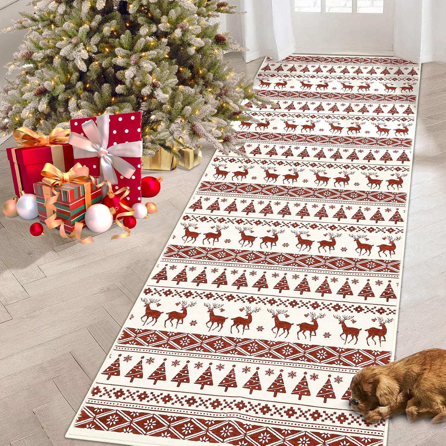 GarveeHome Christmas Red&White Hallway Runner Rug 2x6 Washable Hallway Carpet Snowflake Holiday Decor Accent Rug Boho Non Slip Low Pile Decorative Carpet Xmas Bedroom Bathroom Kitchen Living Room