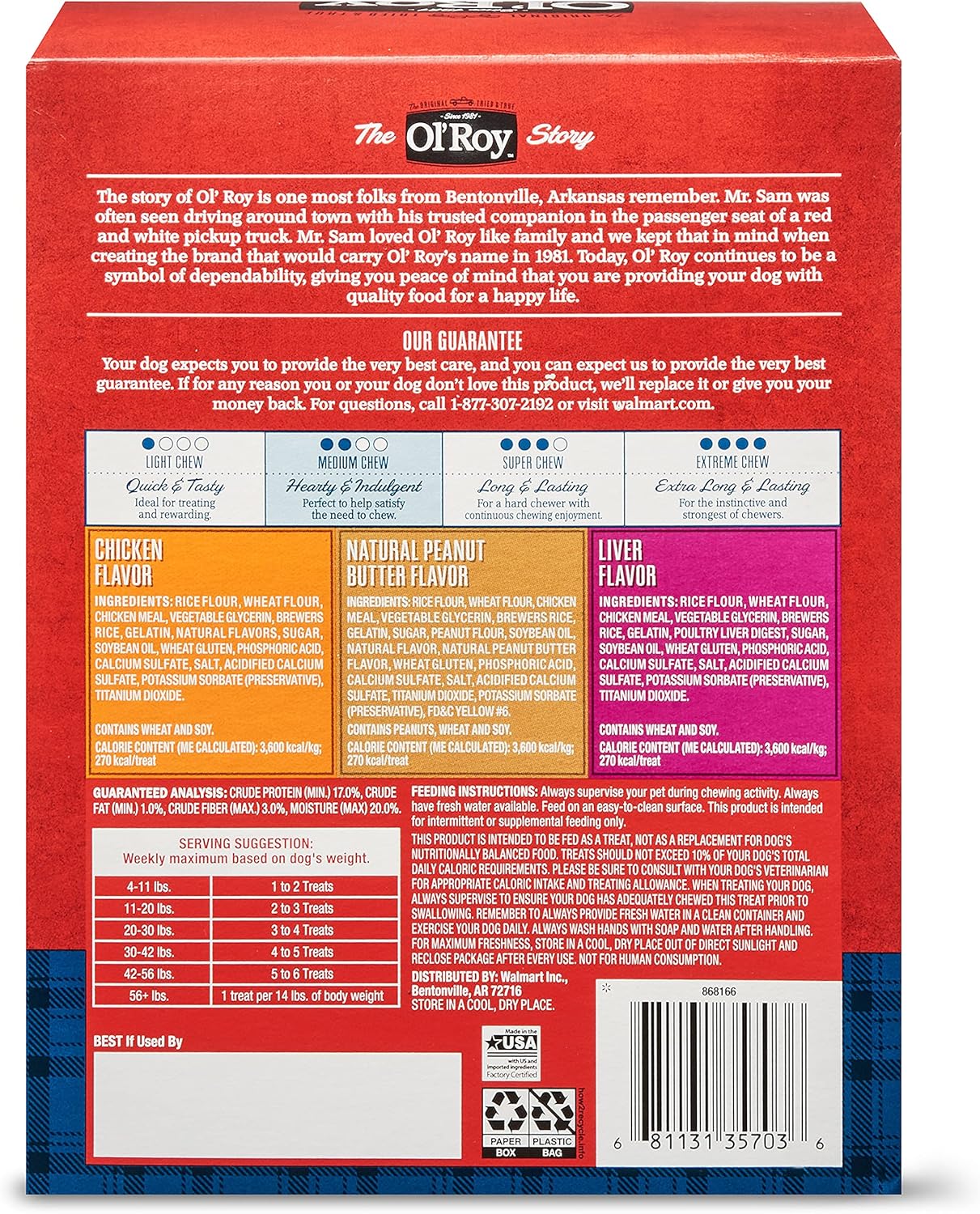 Ol' Roy Munchy Bones Dog Treats Variety Box, Chicken, Peanut Butter, Liver, 21 ct