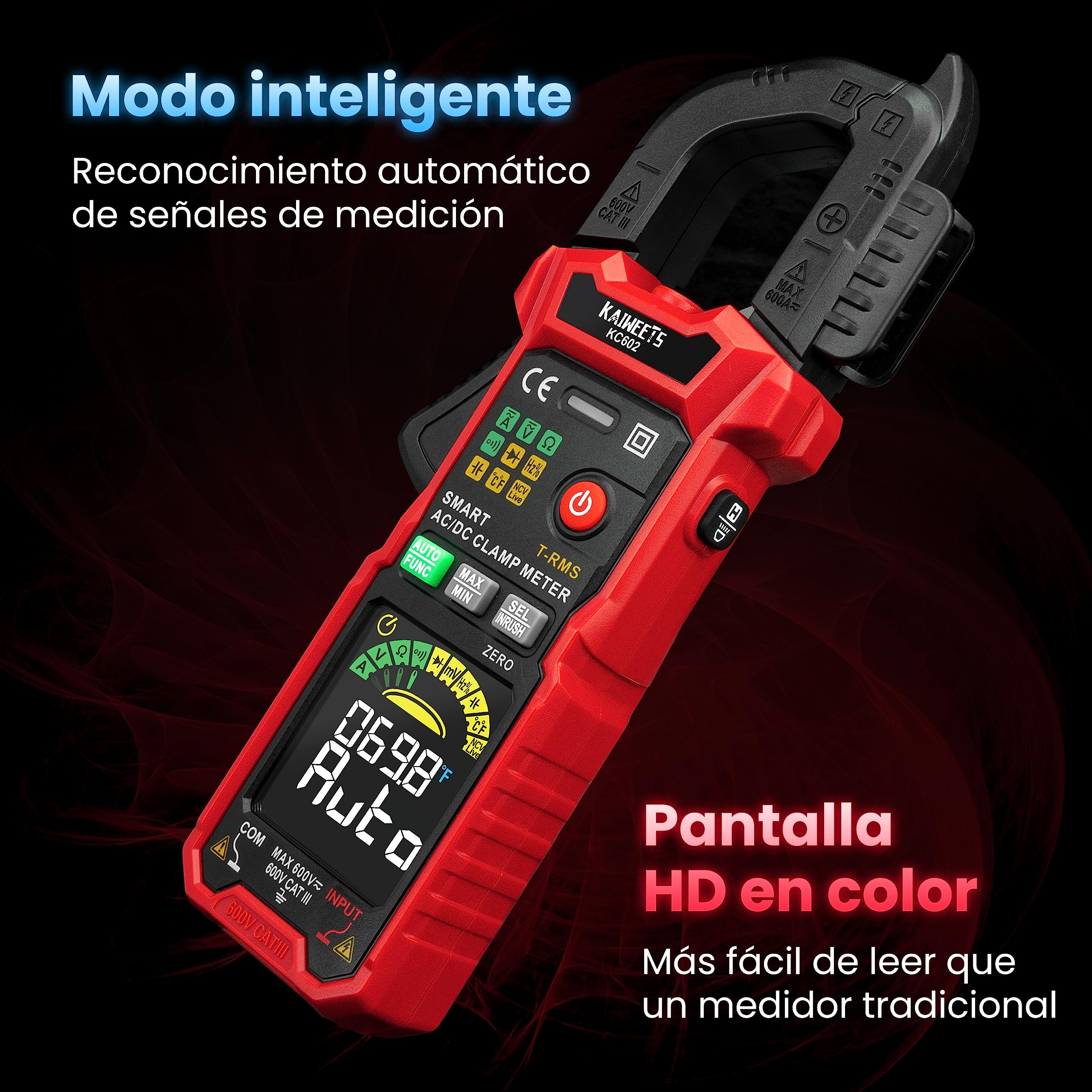 KAIWEETS Digital Pinza Amperimétrica Inteligente,Pinza de corriente profesional, Medición de corriente AC/DC tensión temperatura NCV Inrush, KC602