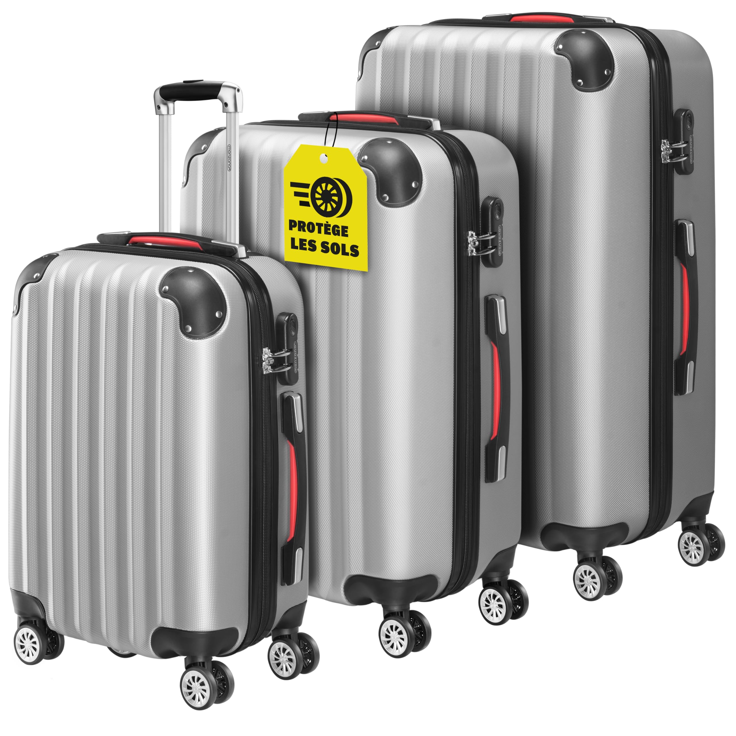 Monzana® Lot de 3 valises rigides Argent M/L/XL 4 Roues 360° Poignée télescopique Cadenas à Combinaison Valise à roulettes