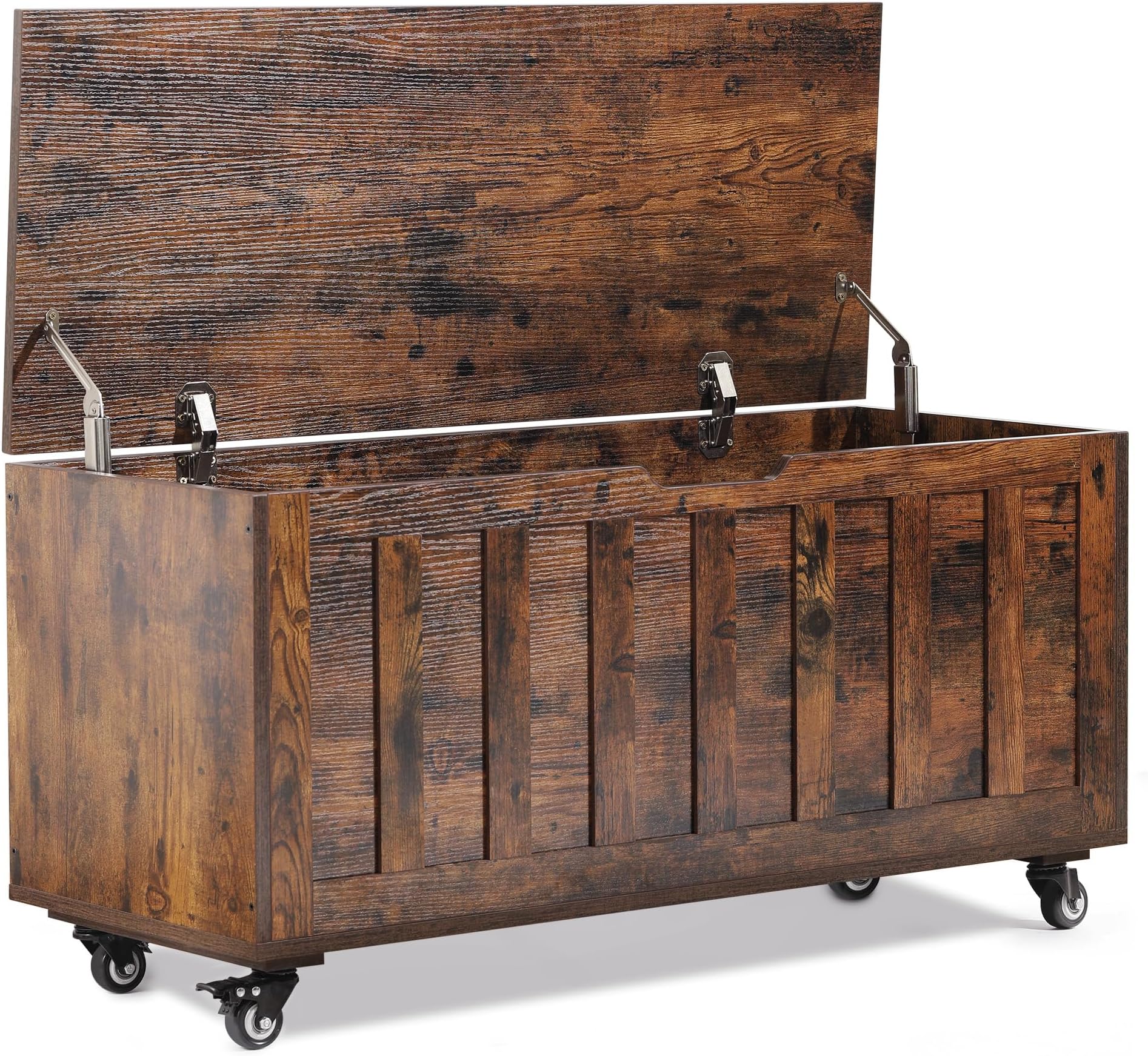 Evajoy Storage Chest, 39.4'' Wooden Storage Bench with 4 Wheels & 2 Safety Hinges, Retro Toy Box Support 300 lbs for Bedroom, Living Room, Easy Assembly