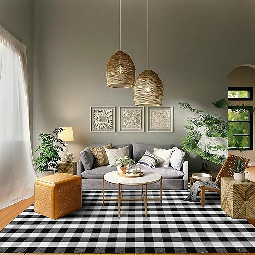iOhouze - Alfombra de algodón a cuadros tipo Buffalo, de 8 x 10, para patio, lavable, tejida, decoración del hogar, para interiores y exteriores,