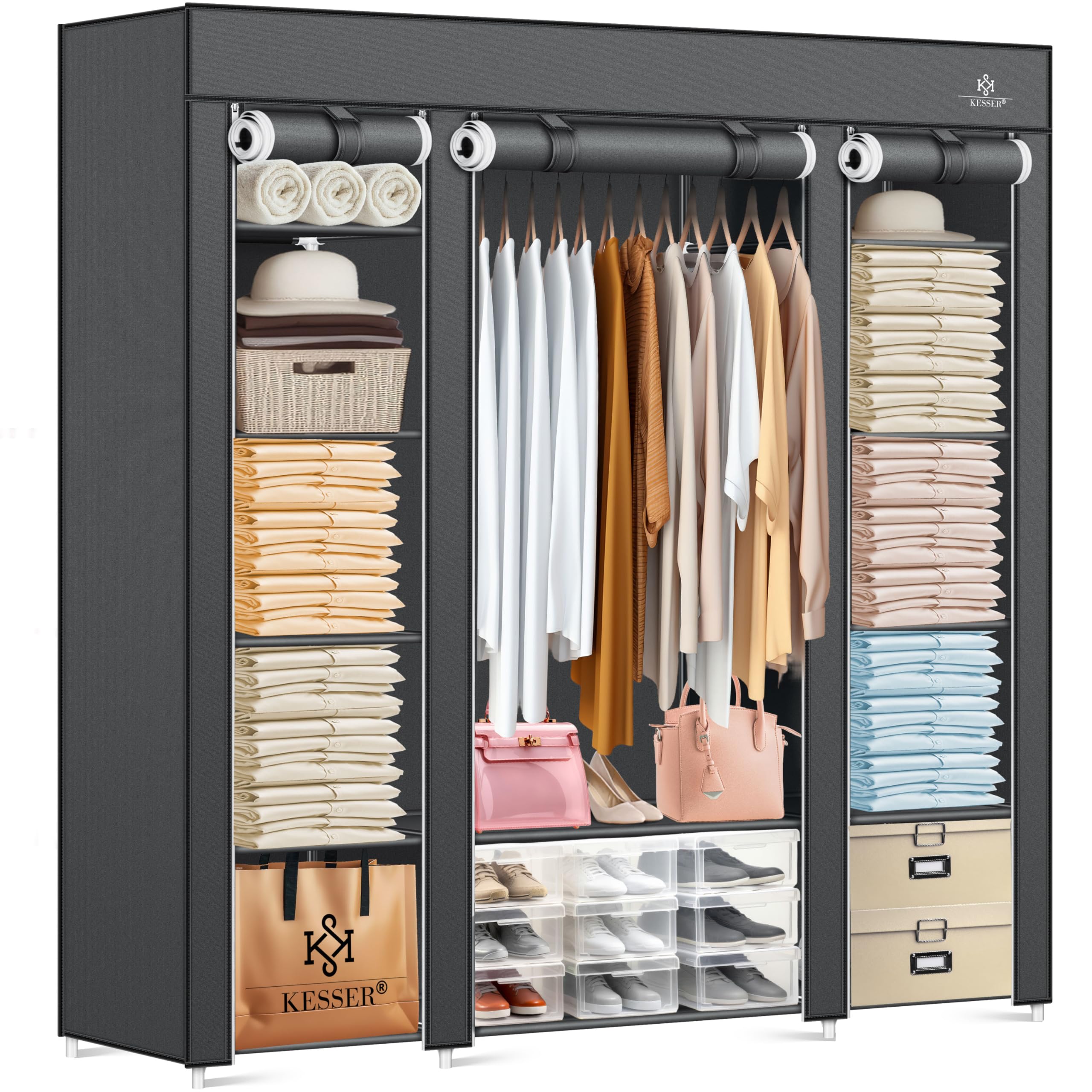 KESSER® Armario de tela estable con barra y estantes, incluye 5 perchas, armario plegable de tela para dormitorio, vestidor con perchero, 150 x 45 x 175 cm, antracita