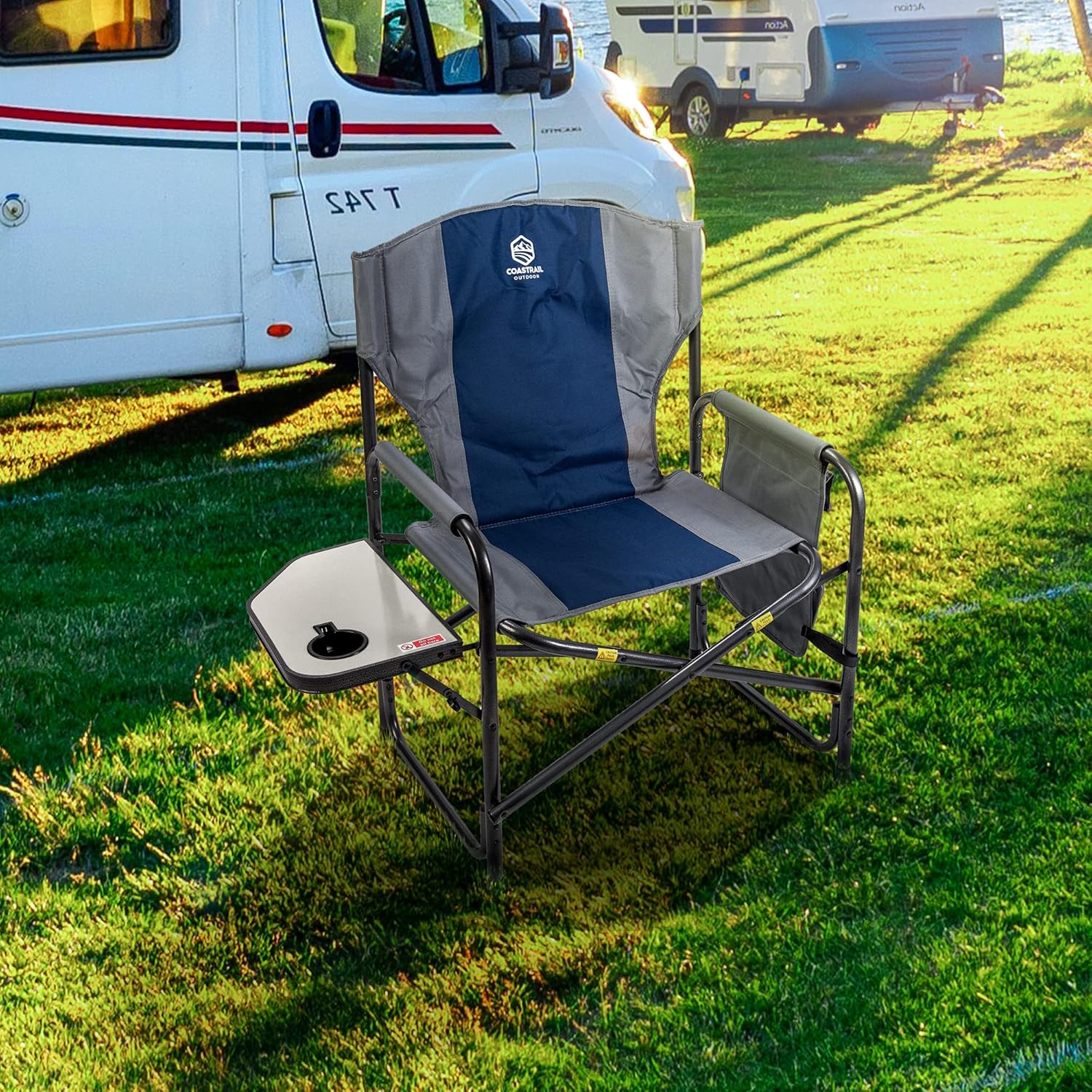 Coastrail Outdoor XXL Oversized Director Chair Supports 600lbs, 28" Wide Fully Back Padded for Adults Heavy Duty Folding Camping Chair with Side Table & Storage Pocket, Blue : Sports & Outdoors