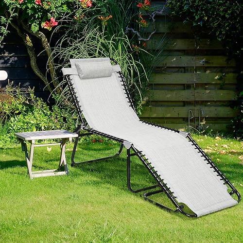 Miniatura 2 de GYMAX - Silla tumbona reclinable, ajustable, plegable y ligera para patio, con almohada extraíble ideal para tomar sol junto a la piscina o en la