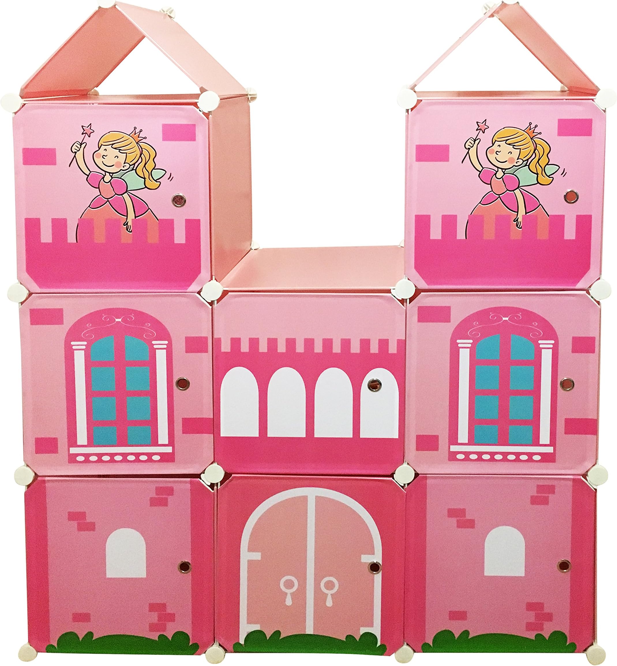 Pink Castle Style - Modular Kids Furniture Storage Bins with Doors - Stackable Shelves for Bedroom Toys, Clothes, Shoes or Books - Foghorn Construction