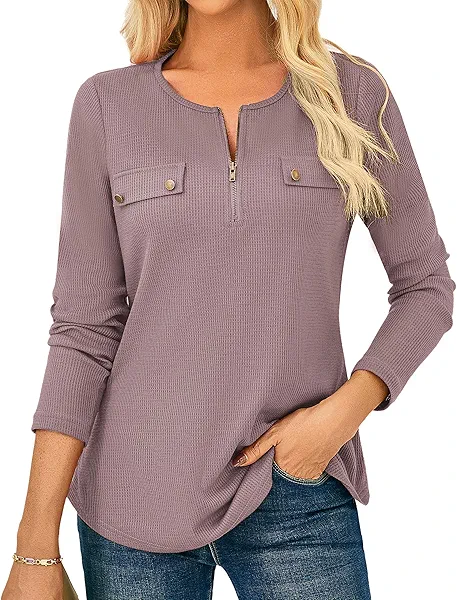 GRACE KARIN Womens Blouses Long Sleeve Loose Tunic Tops Waffle Shirts Fall Winter Trendy Blouses Pale Lavender Medium