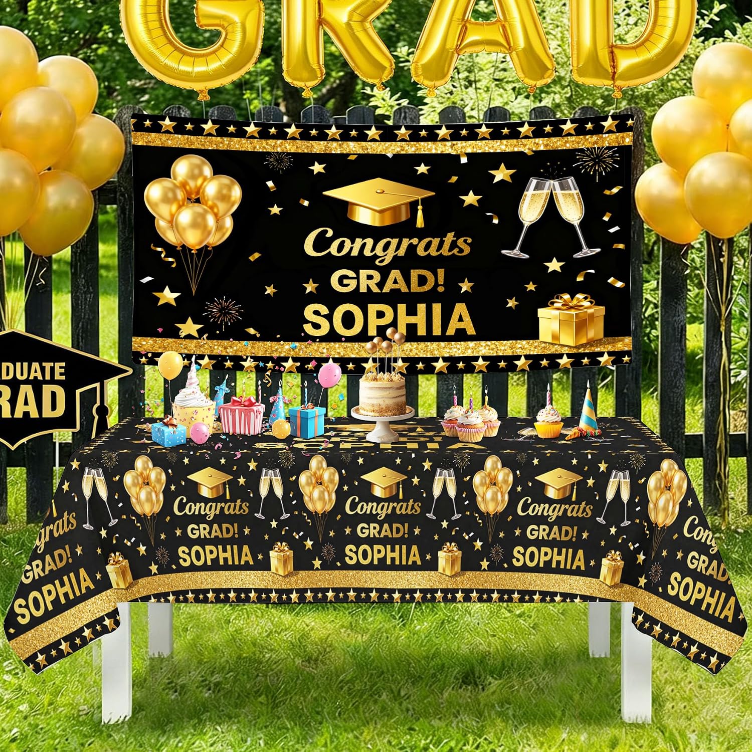 Custom Graduation Decorations Class of 2026 Personalized Graduation Banner and Tablecloth Set, Name & School Customized Congrats Backdrop for High School College Grad Party Supplies Style 01
