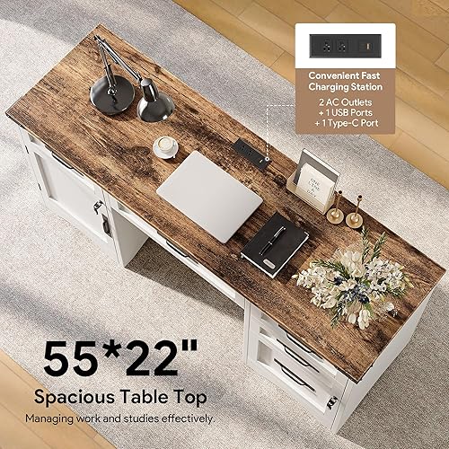 Miniatura 5 de Escritorio ejecutivo de granja con cajones, escritorios de oficina en casa de 55 pulgadas con estación de carga rápida, archivador con cerradura,