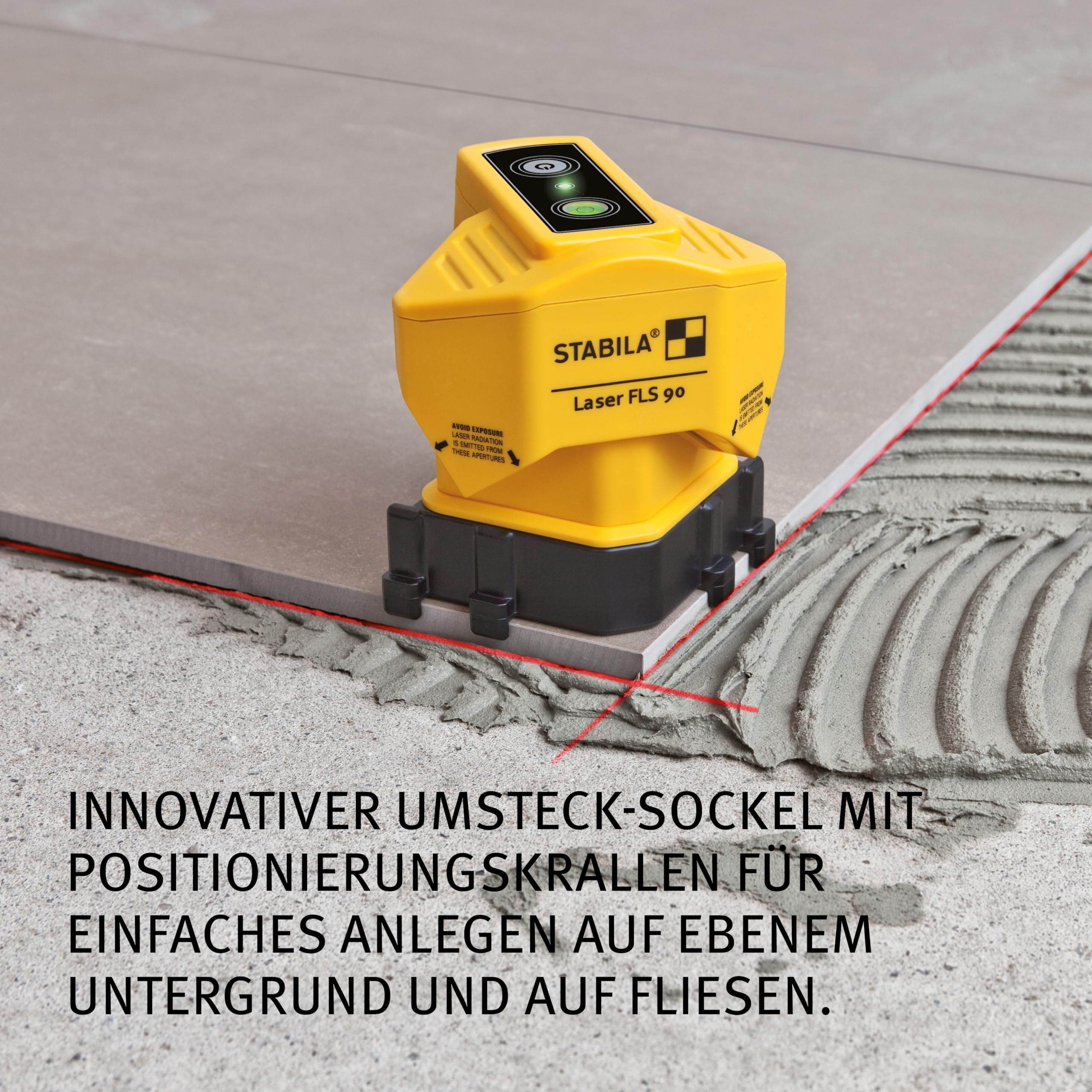 STABILA Bodenlinien-Laser FLS 90, exakter 90-Grad-Winkel am Boden, Reichweite Laserlinie 15 m, Schutzklasse IP 54, Umsteck-Sockel, Zielplatte, Tasche
