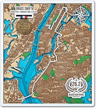 Custom Marathon 3D Wooden Map - Personalized Race Route Wall Art with Medal Holder, Running Finisher Keepsake