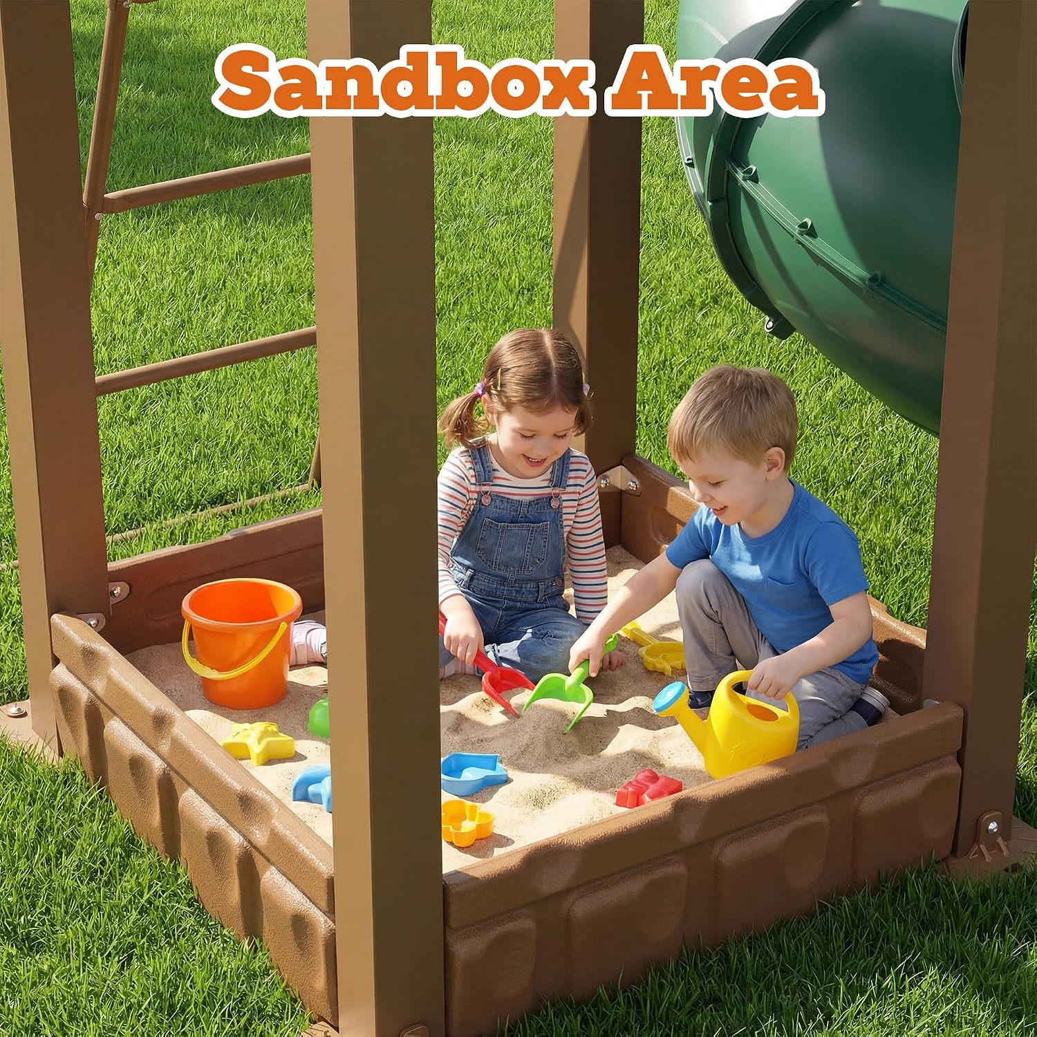 A child shooting a basketball into a height-adjustable hoop on the playset.
