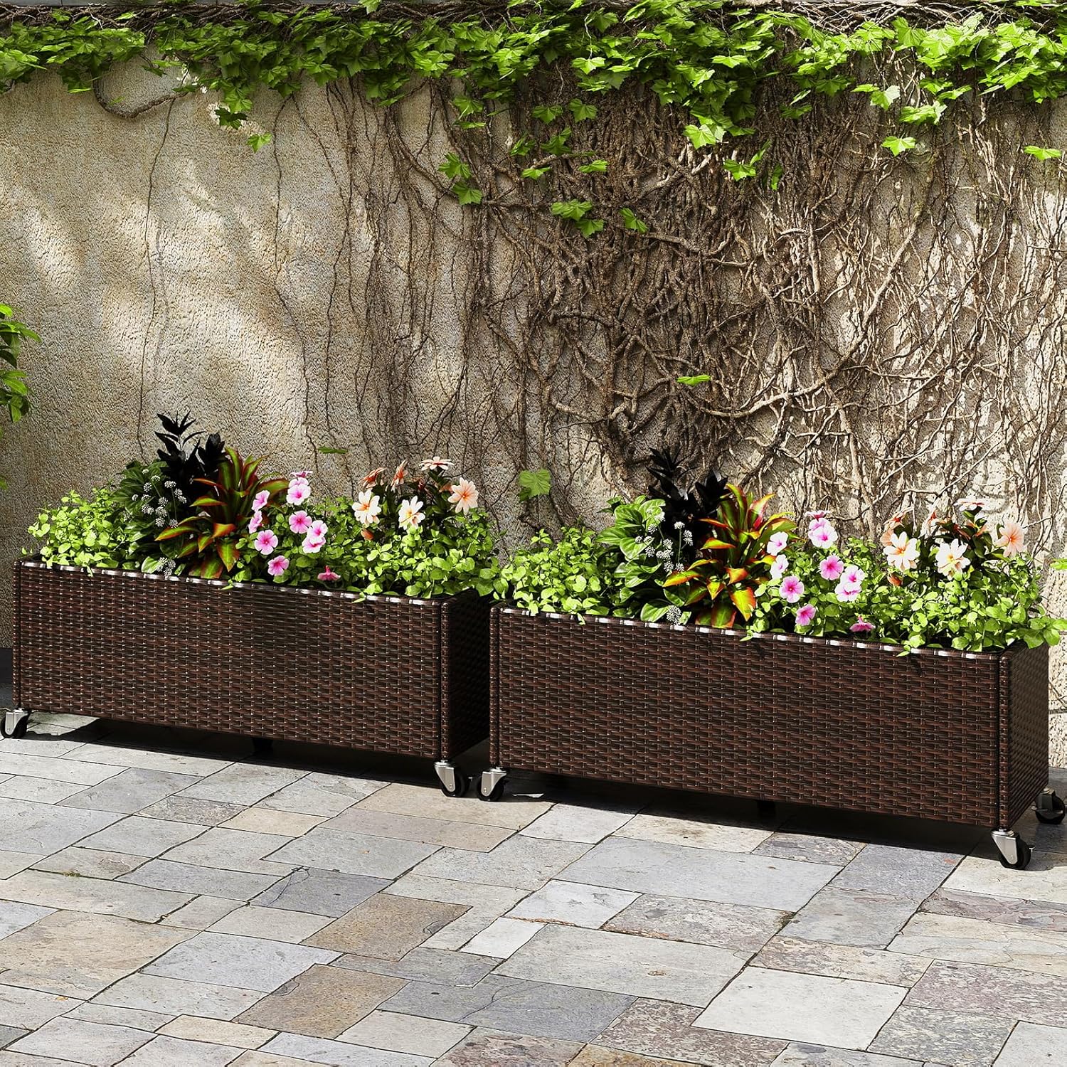 Giantex Wicker Raised Garden Bed with Wheels, 38”x12”x14”, Rectangular Garden Planter Box w/PE Rattan, Liner Fabric, Wicker Patio Elevated Raised Bed for Vegetable Flower Herb Porch Balcony