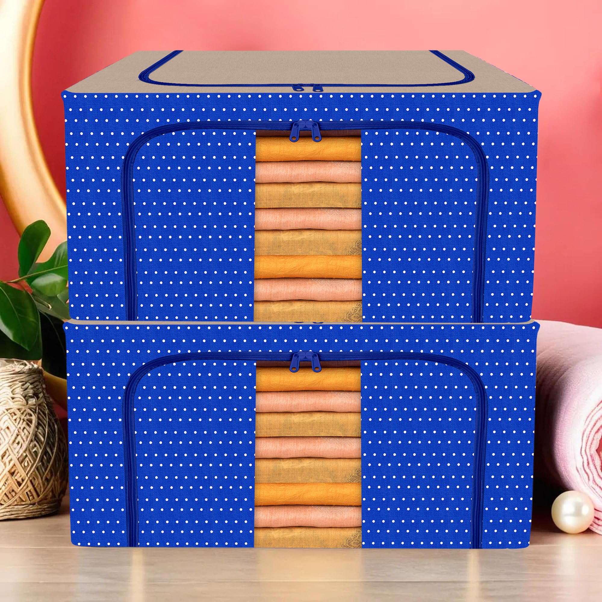 Kuber Industries Pack of 2 Clothes Storage Box | 66 Liter Foldable Steel Frame Clothes Organizer | Storage Box For Wardrobe-Saree-Shirts And Blankets | Storage Bag | Dot Print | Royal Blue (B0D2LKWYBK) Amazon Price History, Amazon Price Tracker