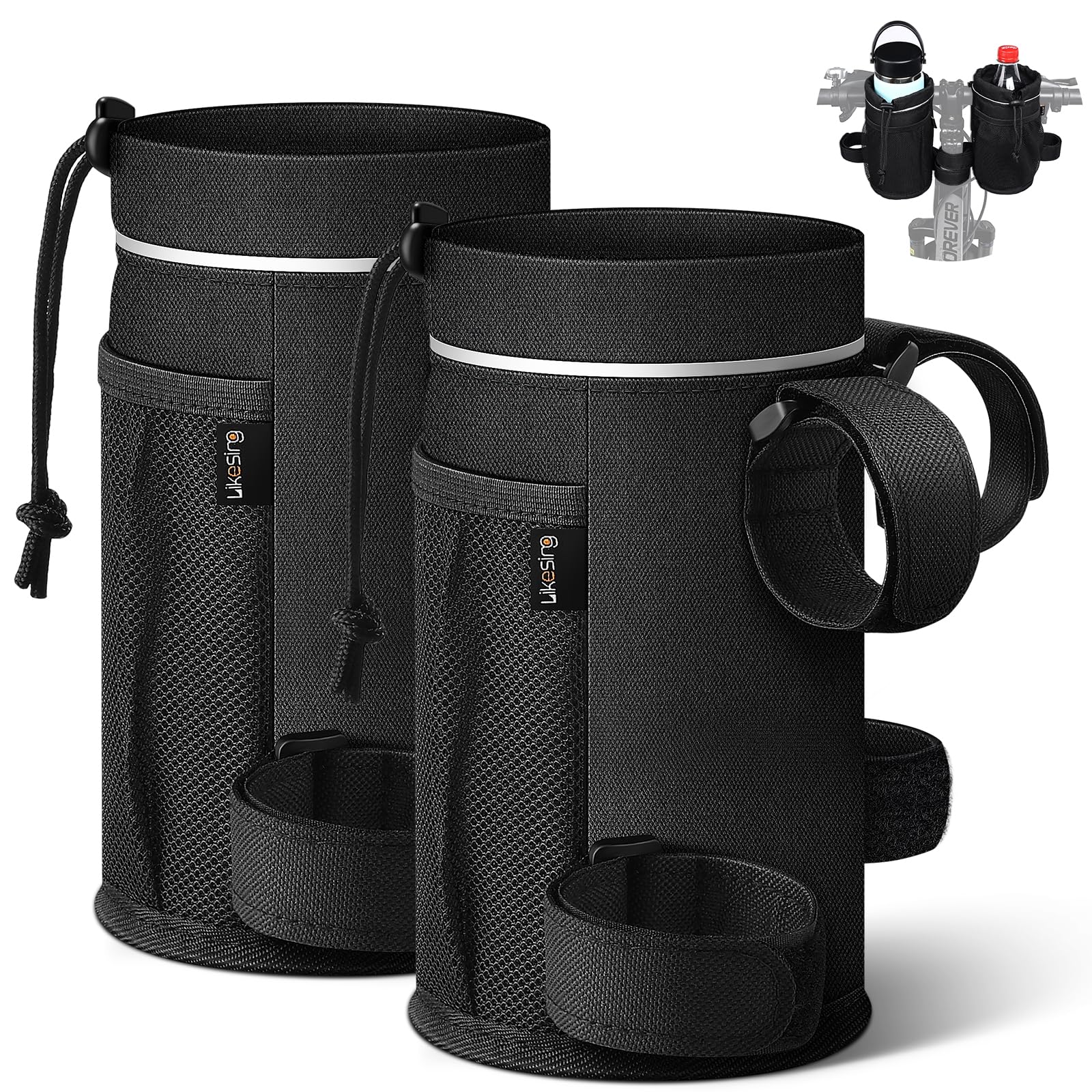 Likesing Bike Water Bottle Holder, Bicycle Cup Holder with Mesh Pocket, Universal Cycling Water Bottle Bag Drink Cup Cage for Scooter Stroller