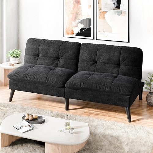 SUNLEI Small Futon Sofa Bed, Folding Futon Bed Sleeper Couch Recliner for Living Room, Convertible Cloud Sofa Couch with Adjustable Backrest for Office & Apartment Velvet, Midnight