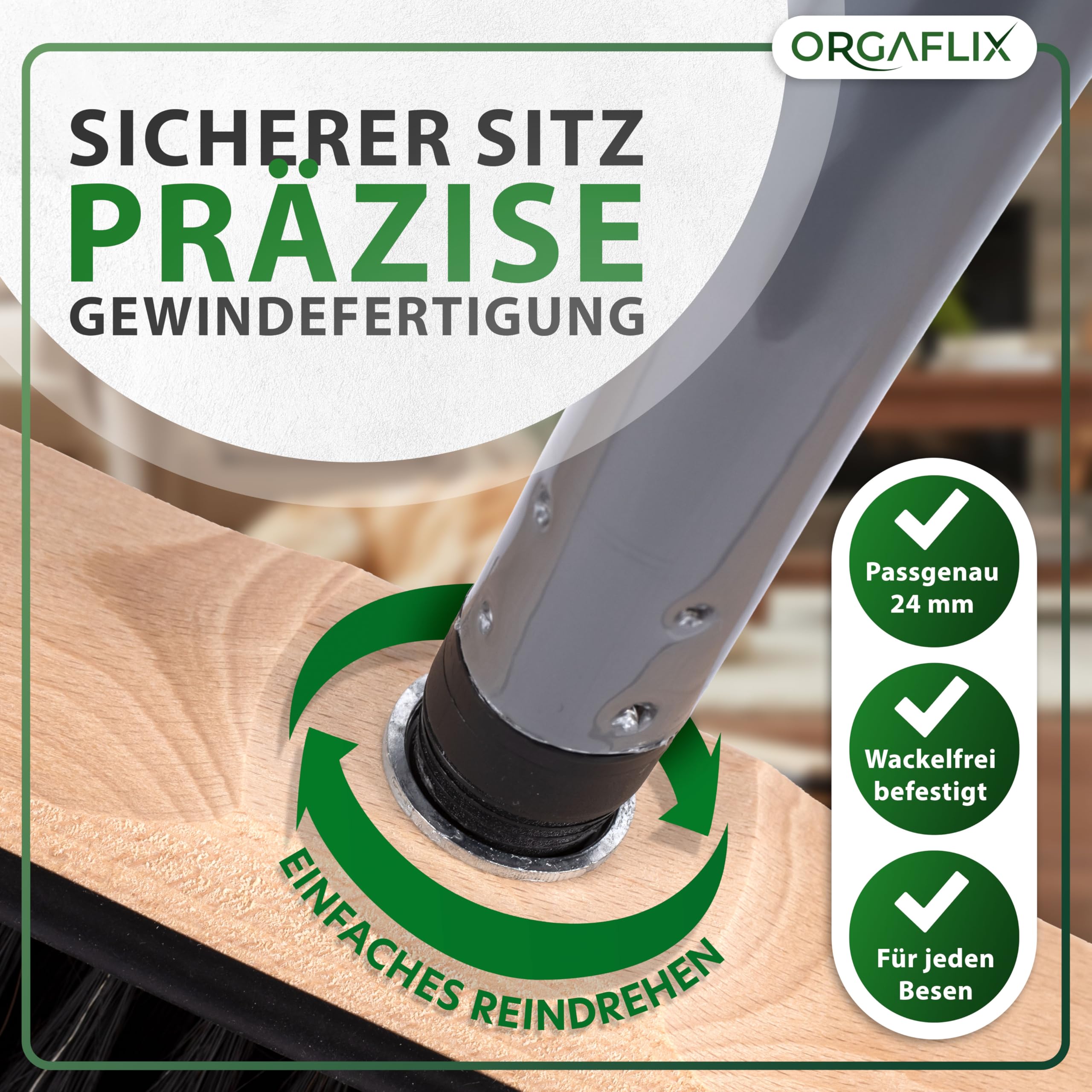 ORGAFLIX Manche de balai de qualité supérieure avec filetage de 24 mm, réglable de 60 à 130 cm, utilisation universelle pour balais, balai de route et balai industriel, manche en métal stable en gris