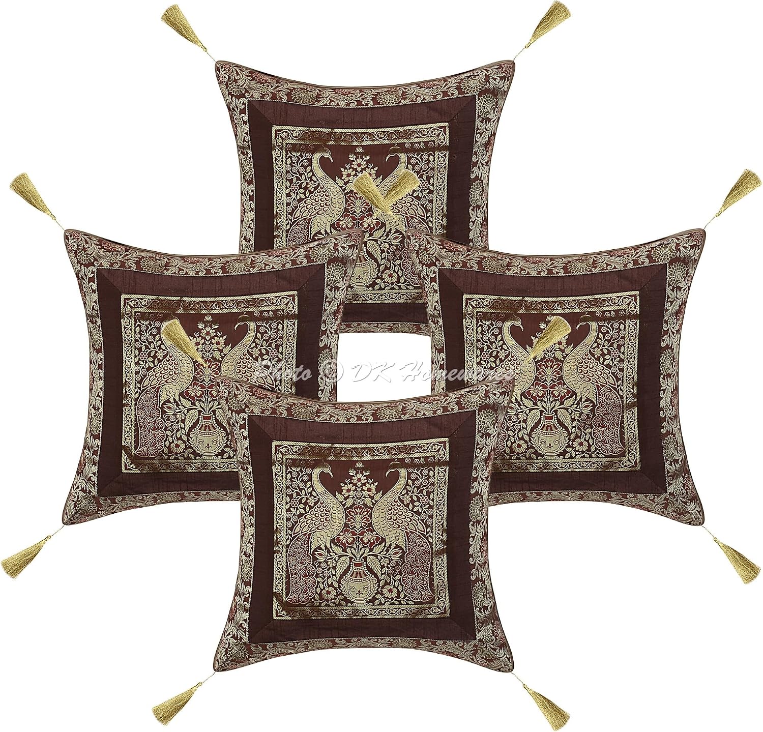 Indian Throw Cushion Covers 18 x 18 Inch Brocade Jacquard Weave Ethnic Square Peacock Cushion Covers (Size - 45x45 cm ; Color: Coffee Brown & Gold) - Set of 4 Pcs (Cover Only)