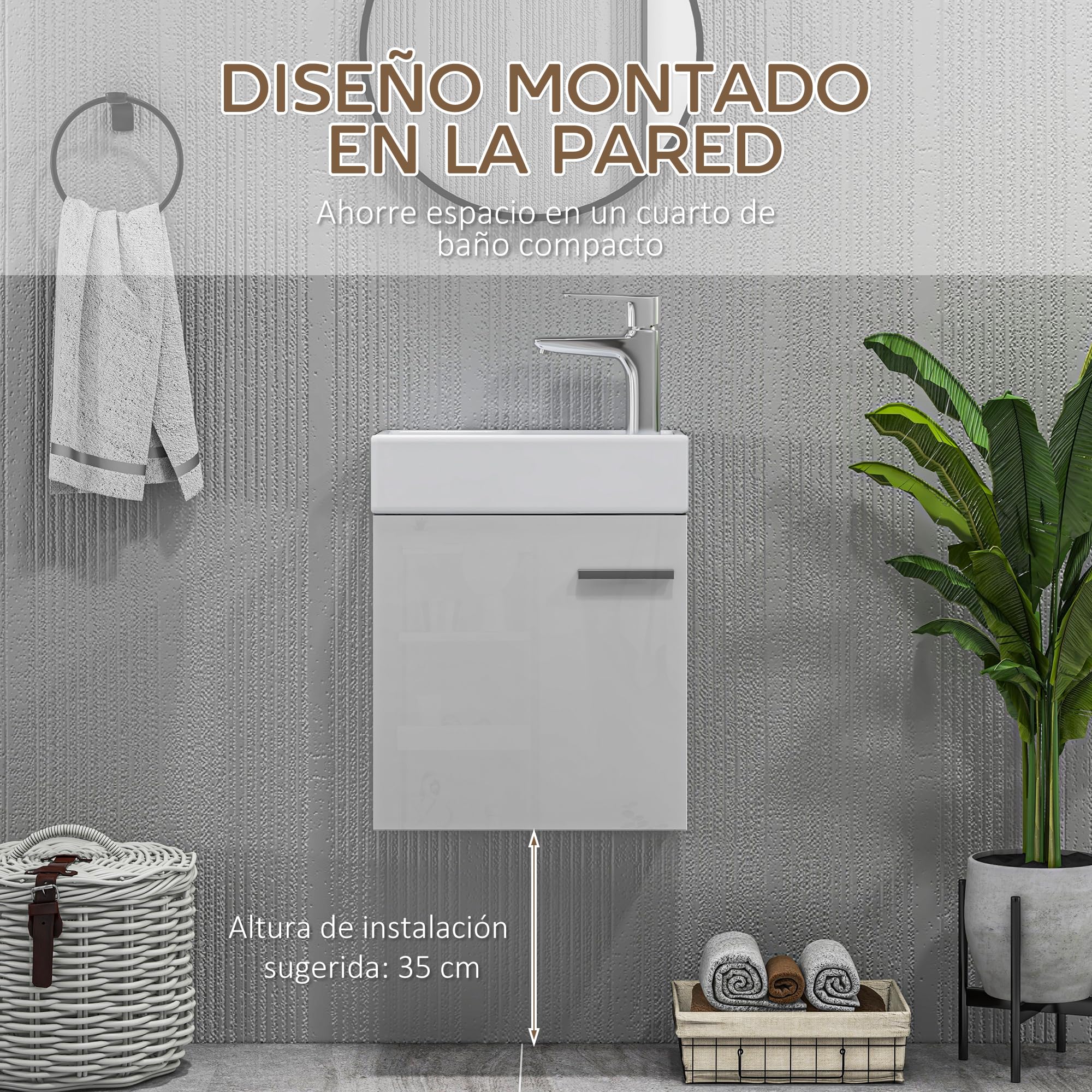 HOMCOM Mueble de Baño con Lavabo de Pared Mueble para Lavabo con Puerta con Cierre Suave Estilo Moderno 40x23x50 cm Blanco Brillo