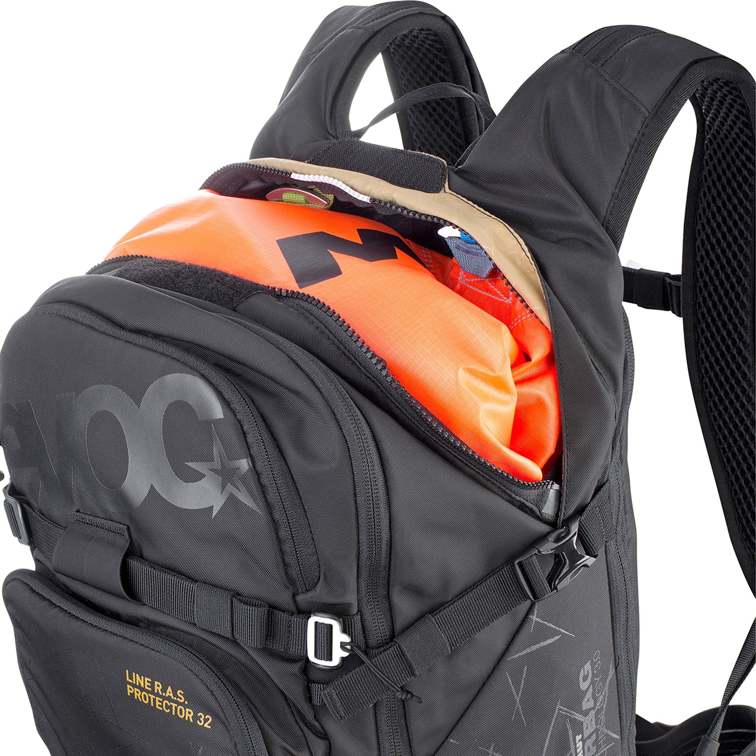 EVOC LINE R.A.S. PROTECTOR 32 Lawinen-Airbag-Rucksack, Skirucksack (NEURALITE SYSTEM, Hüftflügel mit Reißverschlusstaschen, Trinkblasenfach 3l, PROTECTOR CRASH REPLACEMENT, Größe: M/L), Schwarz