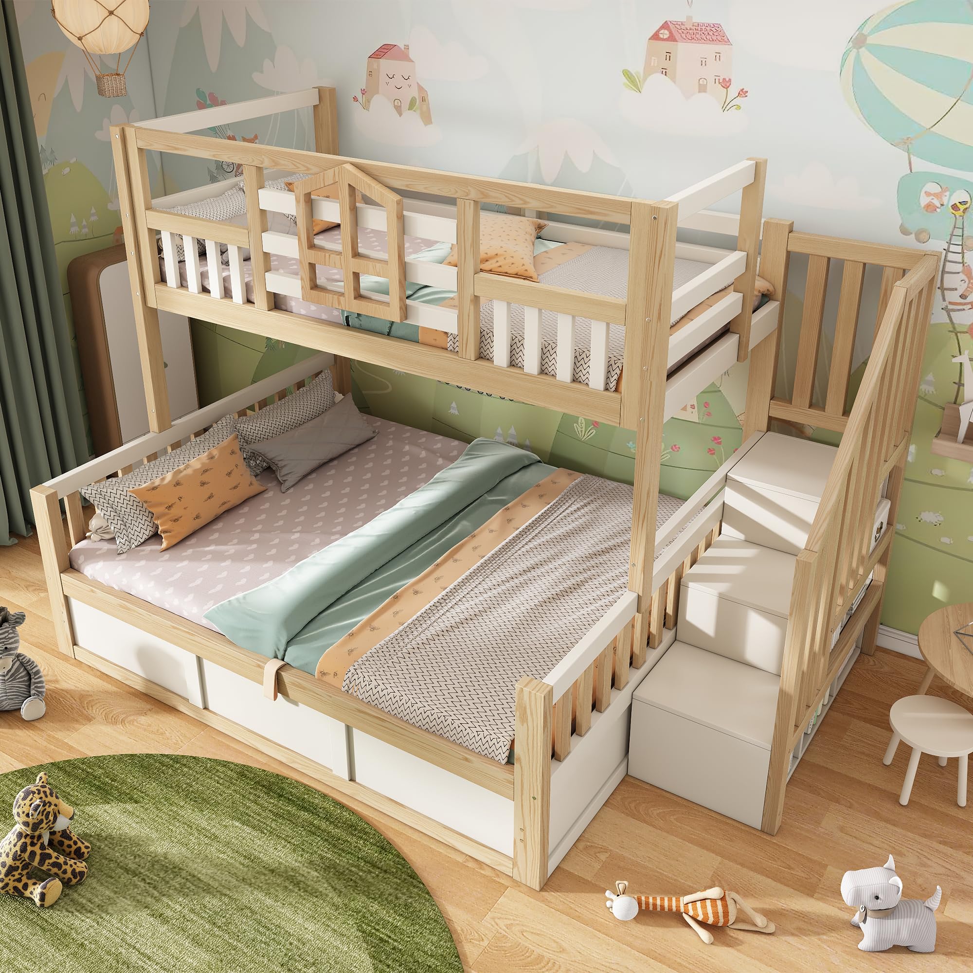 Letto a castello con cassettoni 90x200 cm & 140x200 cm, letto per bambini in stile baita con spazio di archiviazione, scala, protezione rialzata, in pino (J, 90x200cm&140x200cm)