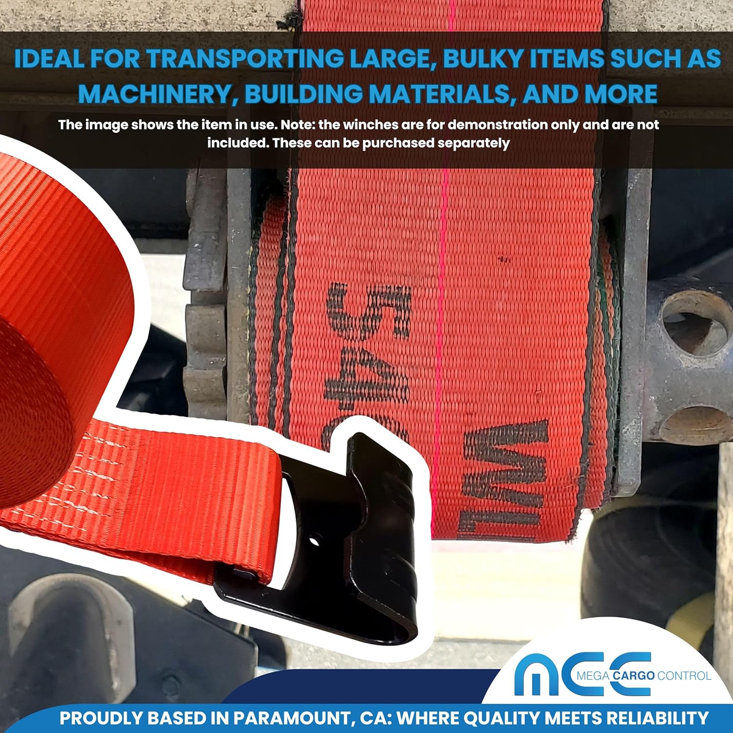 Mega Cargo control (Pack of 4) Red Tie Down Straps, 4" x 60' Heavy Duty Tie-Down Winch Strap with Flat Hooks, for Flat Bed, Truck, Farm, Utility Trailers