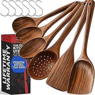 PriorityChef Premium Wooden Spoons for Cooking - 6pc Smooth Finish Teak Wooden Utensil Set with Hanging Hooks, Heat-Resistant & Nonstick Safe, Ideal for Gifting