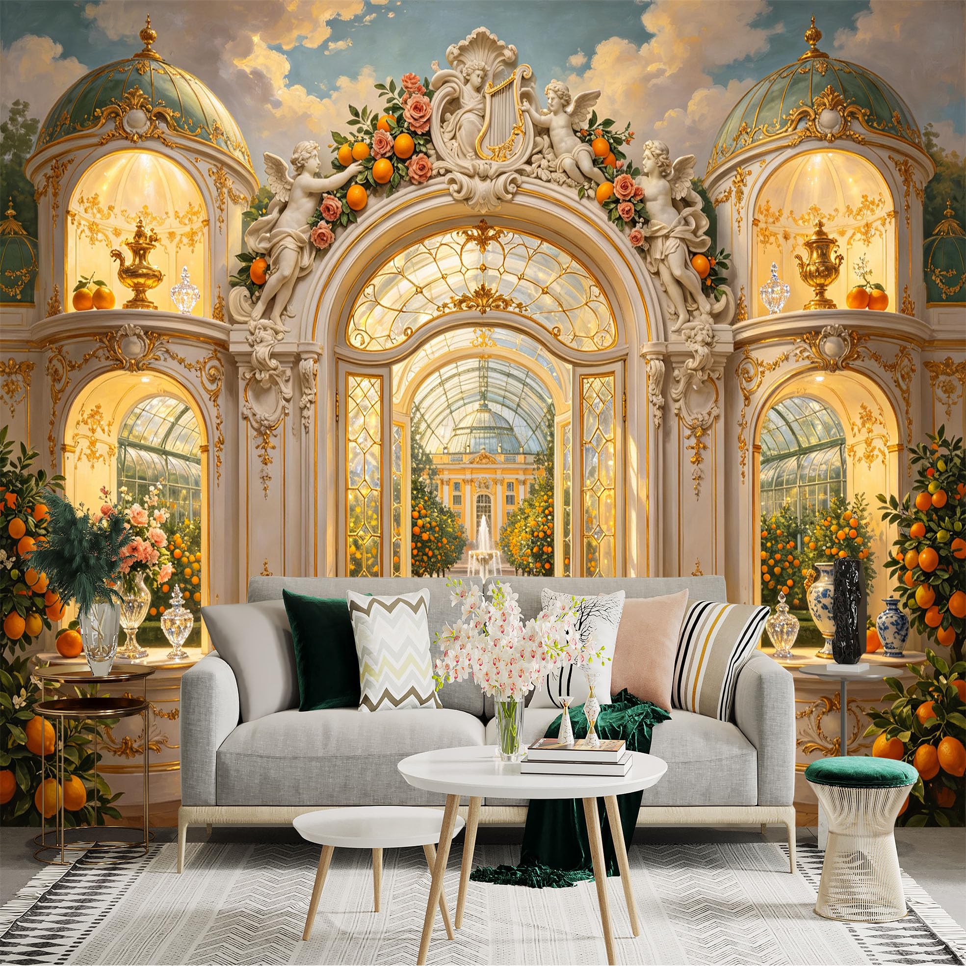 Custom Size Wall Sticker Mural， Luxury Palace Garden Archway with Oranges and Floral Decor， for wall Decoration， peelandstick wall Decals.