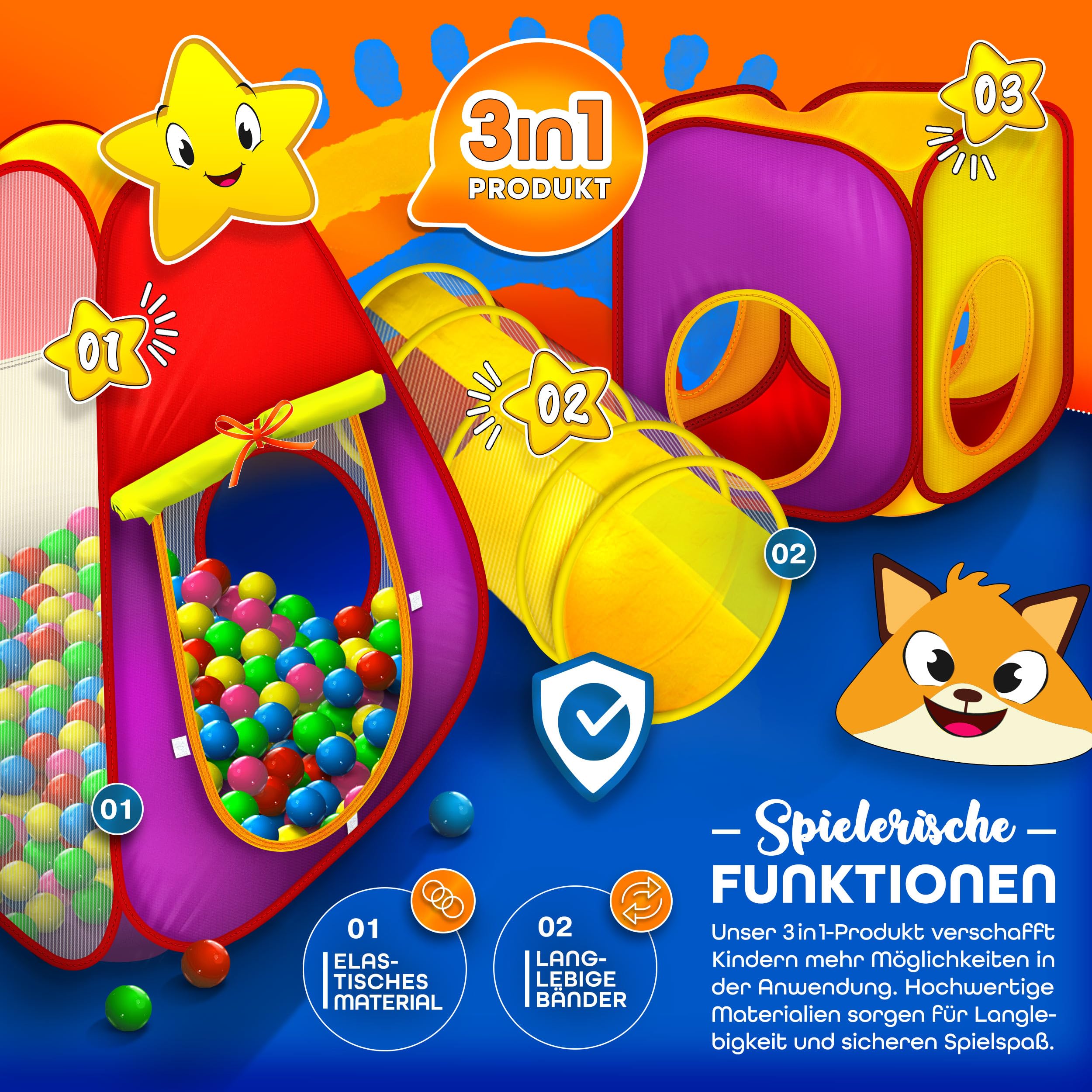 KIDUKU® 3-teiliges Bällebad Spielzelt Babyzelt + Krabbeltunnel + 200 Bälle + Tasche für drinnen und draußen