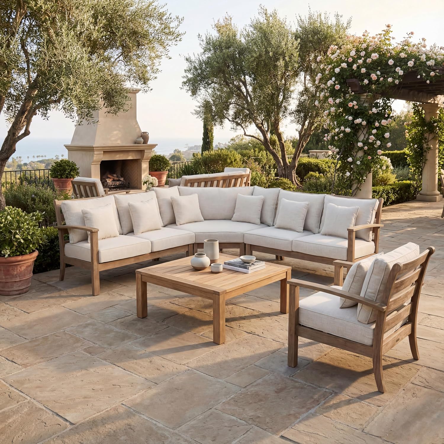 SAFAVIEH Couture Outdoor Patio Furniture Collection - Rosabecca Natural & Beige Solid Wood Sectional Sofa, Modern Outdoor Corner Couch (DUP1000B)