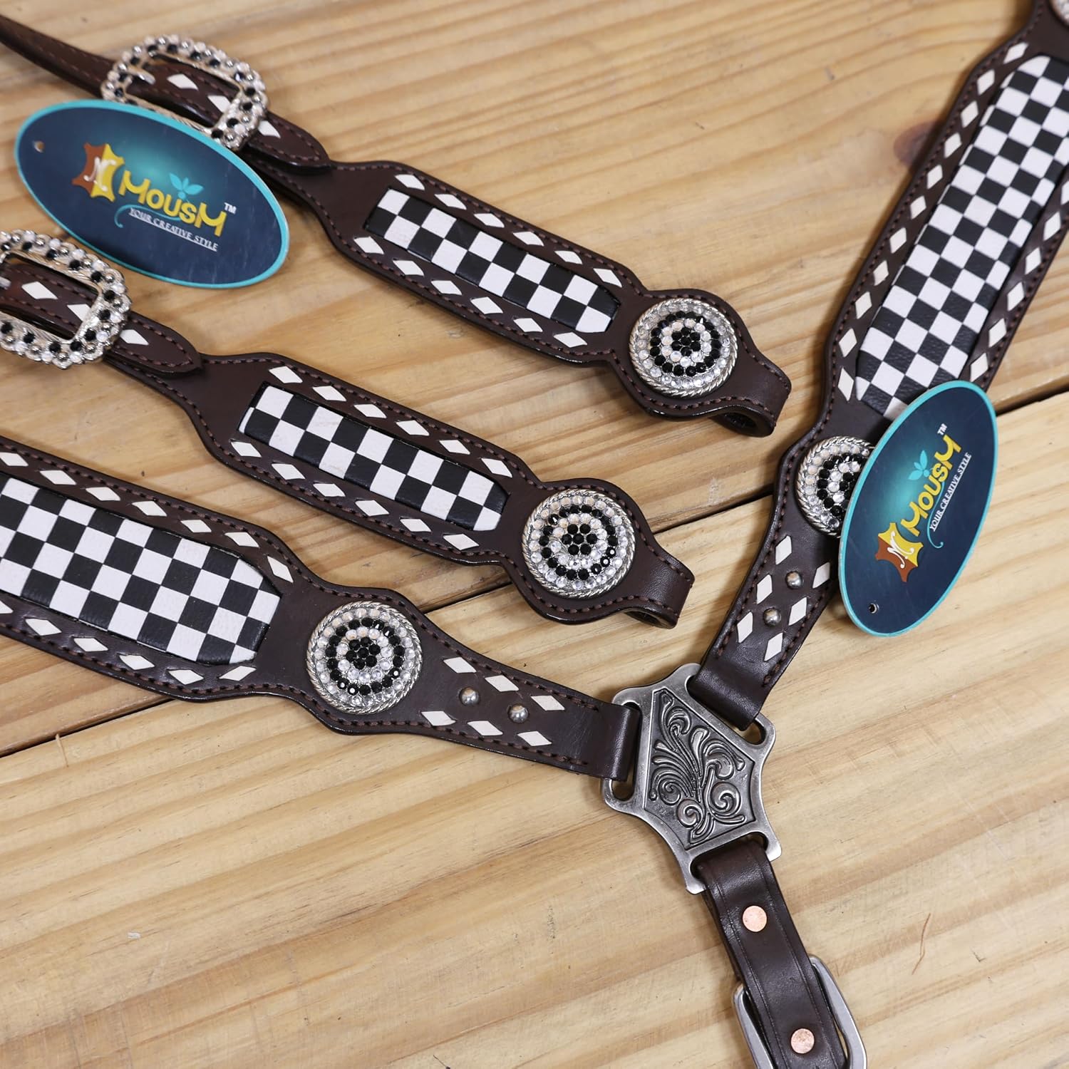 Finish Line Western Headstall and Breast Collar Set – Rawhide Braided Tack with Black-White Rhinestone Alligator Print – Argentina Cow Leather Race Day Gift for Her