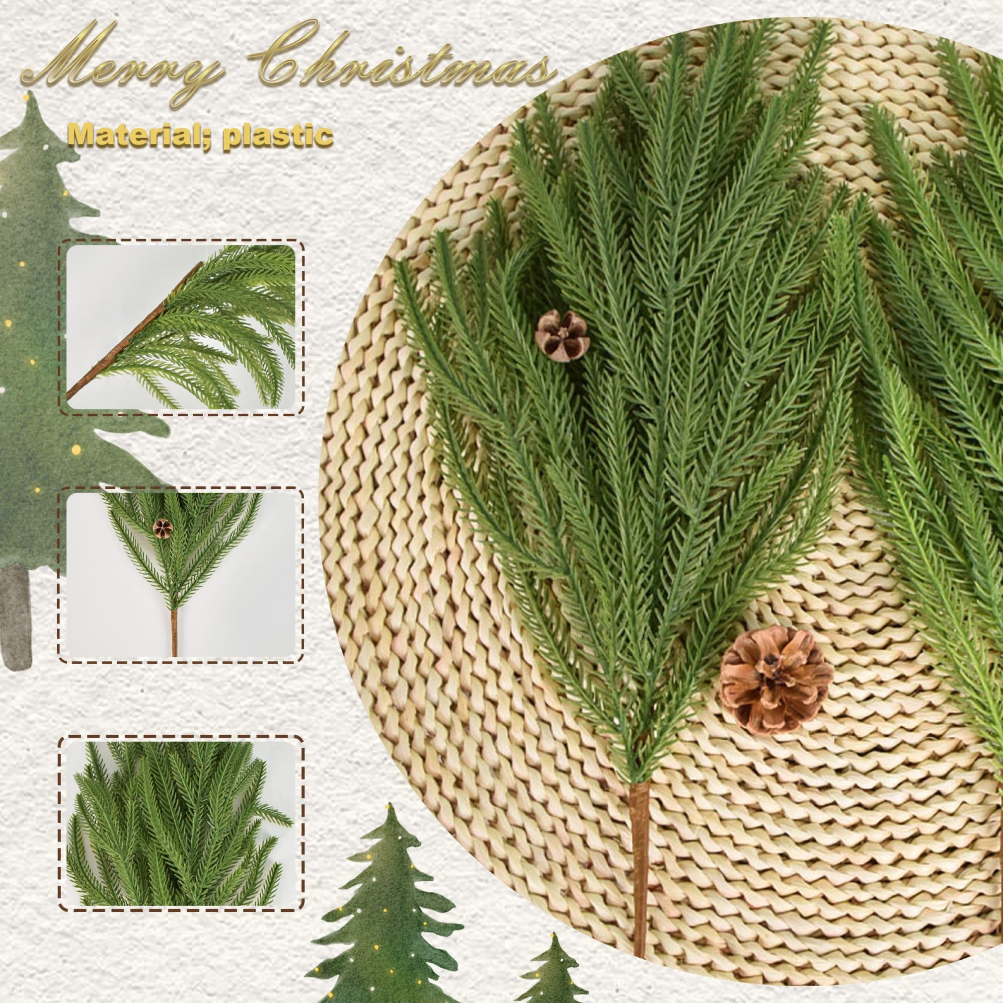 12 Stück Norfolk-Kiefernstiele, realistische künstliche Tannenzweige, weicher Kleber, Norfolk-Weihnachtsstiele für Weihnachten, Innen- und Außenbereich, Heimdekoration, Weihnachten