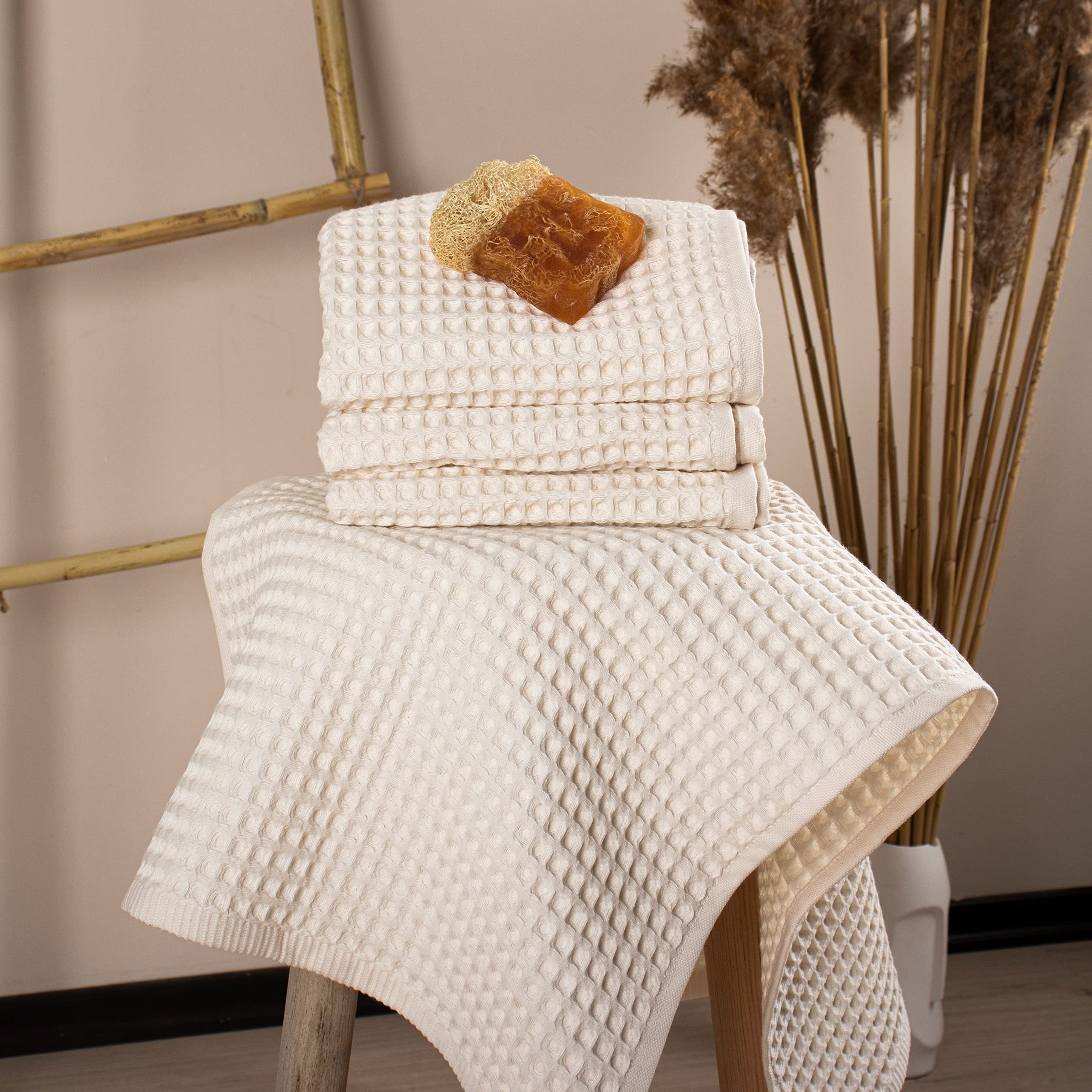Püskül - Set di 6 asciugamani per mani e viso in tessuto a nido d'ape, 100% cotone turco, per pelli sensibili, 40 x 81 cm (naturale, beige, 6)