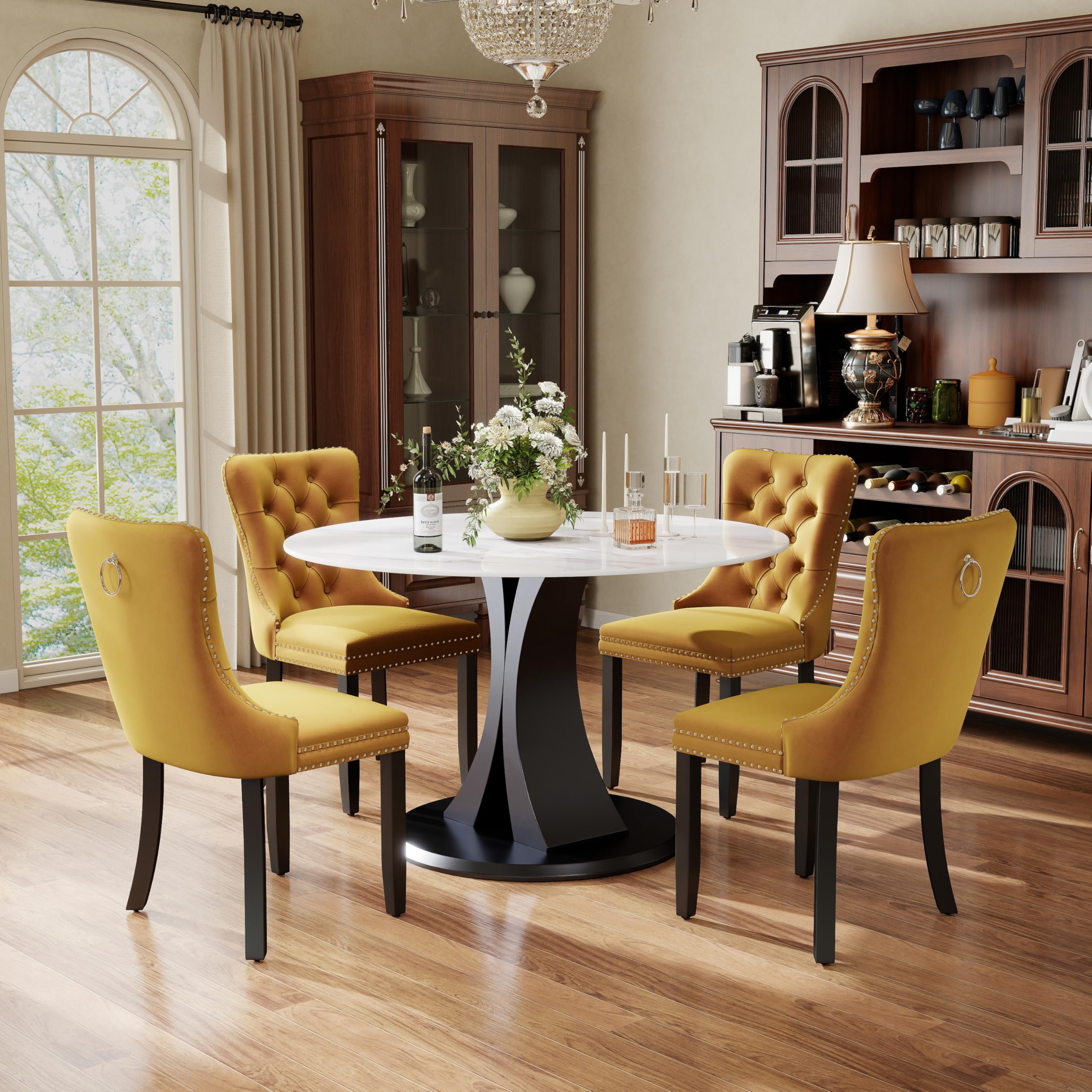 5-Piece Dining Table Set with 39In Faux Marble Table and 4 Velvet Upholstered Chairs, Modern Scandinavian Furniture for Dining Room Kitchen(Yellow)