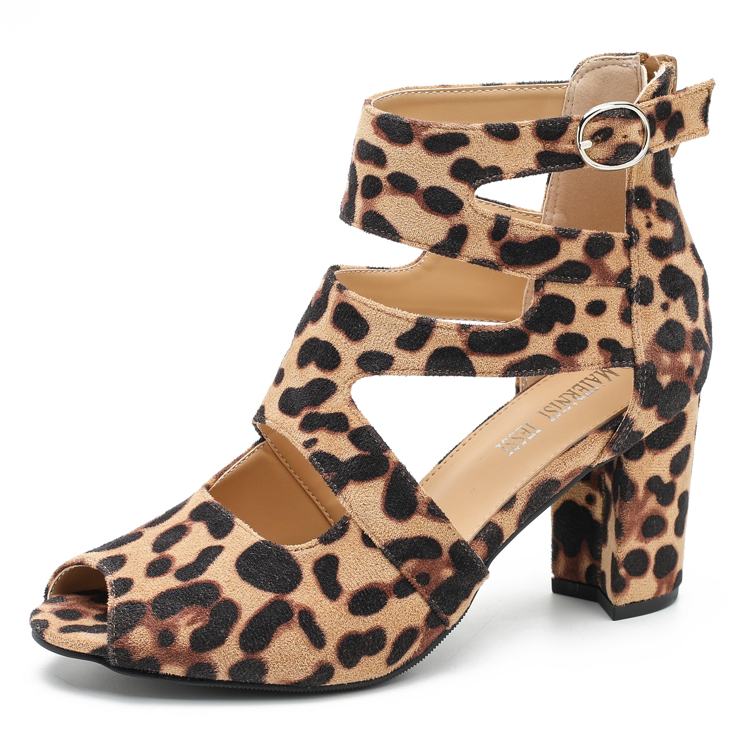 MAIERNISI JESSI Women's Gladiator Peep Toe Sandals, Cutout Block Heel, Ankle Strap Buckle, Zip