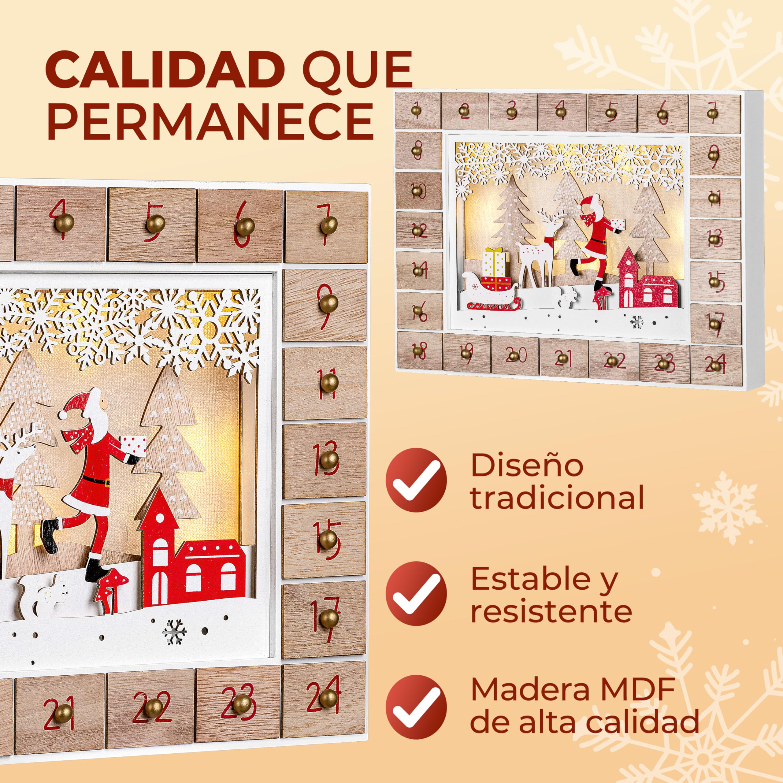 Spielwerk® Calendario de Adviento Madera Navidad Luces LED 24 Cajones Adorno para Rellenar Decoración Navideña 2025