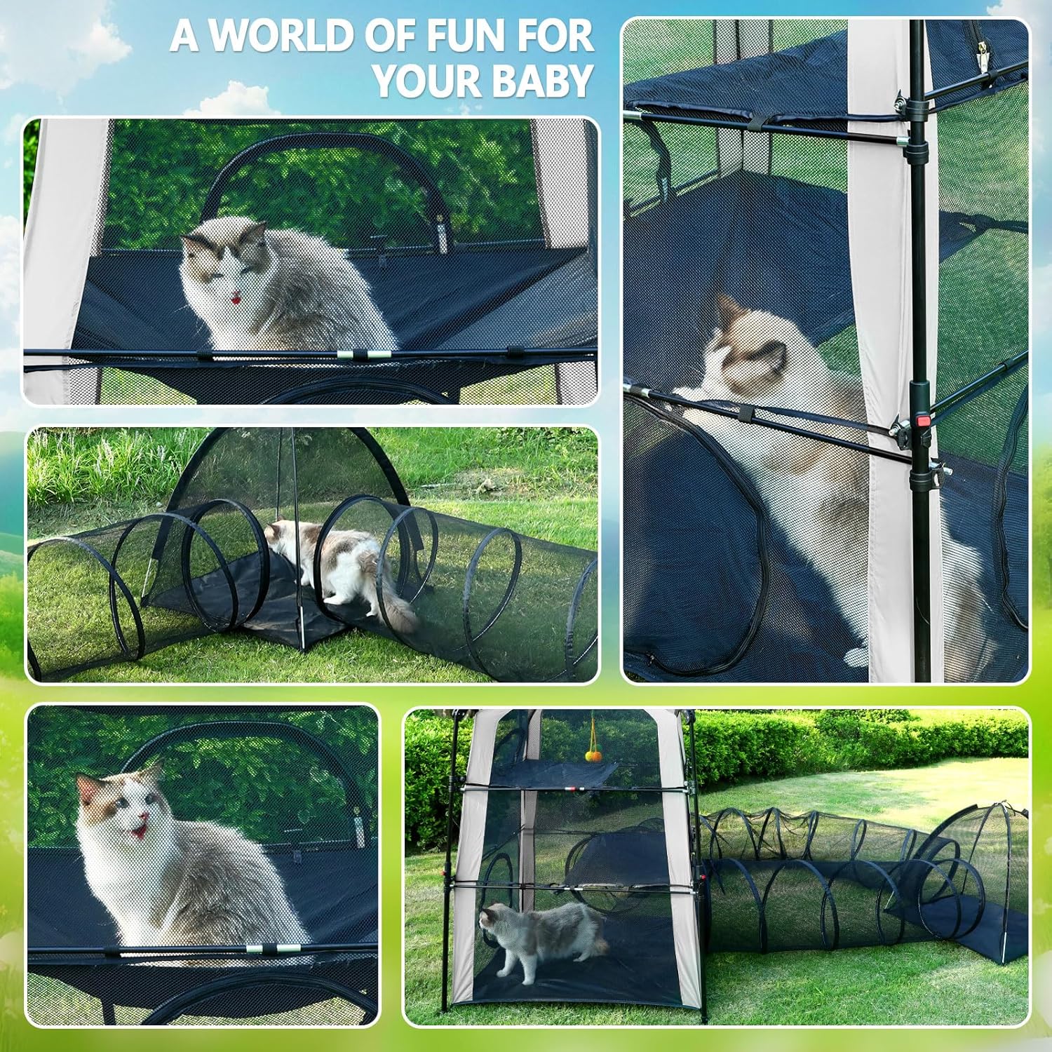 CypherX Extra Large Catio Outdoor Cat Enclosure, 3-Tier Cat Tents with Tunnels for Indoor Cats/Pop Up Cube, Cat Tower Playpen with 2 Tunnels and Tents, Portable Pet Playhouse for Outside, Patio(Grey)