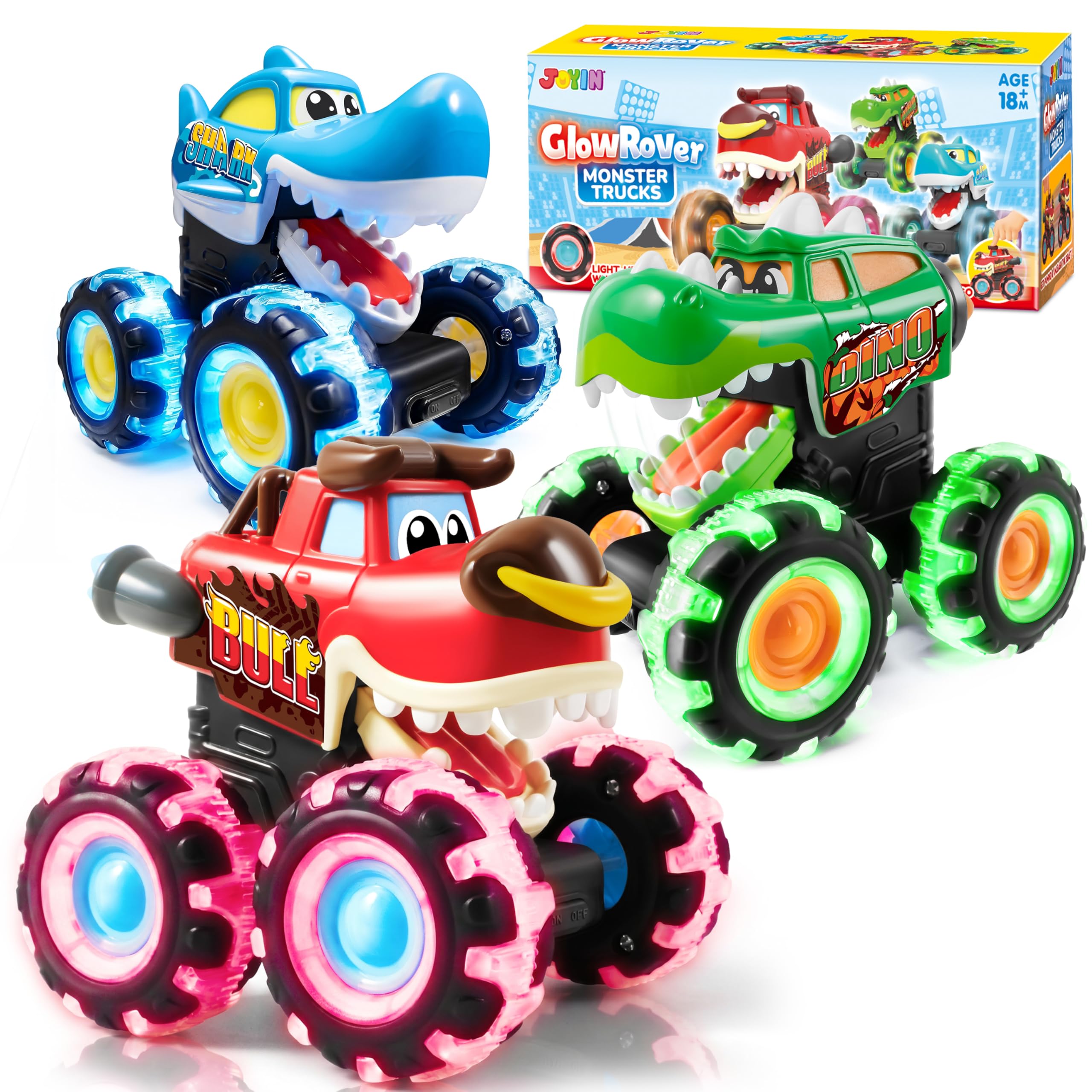 Photo 1 of JOYIN 3 Pack Monster Truck Toy - Motion Activated Light Up Cars for Toddlers - Monster Glow Rover LED Wheels - Baby Boy Toys - Press and Go Dinosaur Trucks for Kids Boy Birthday Gifts