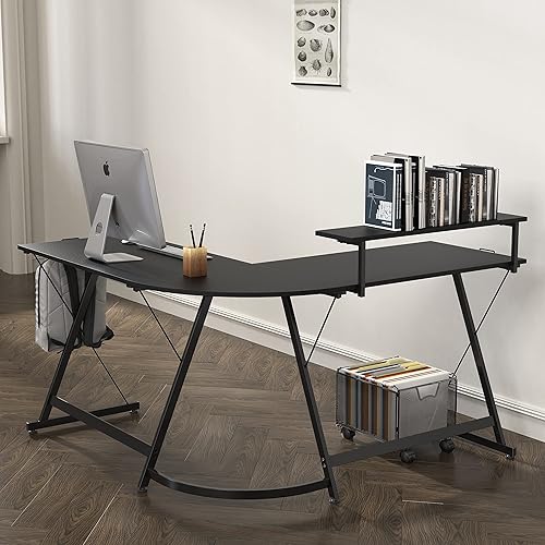 Miniatura 20 de SHW Vista - Escritorio en forma de L con soporte para monitor, nogal Nogal,Negro,Marrón (Rustic Brown),Blanco,https://www.amazon.com/dp/undefined