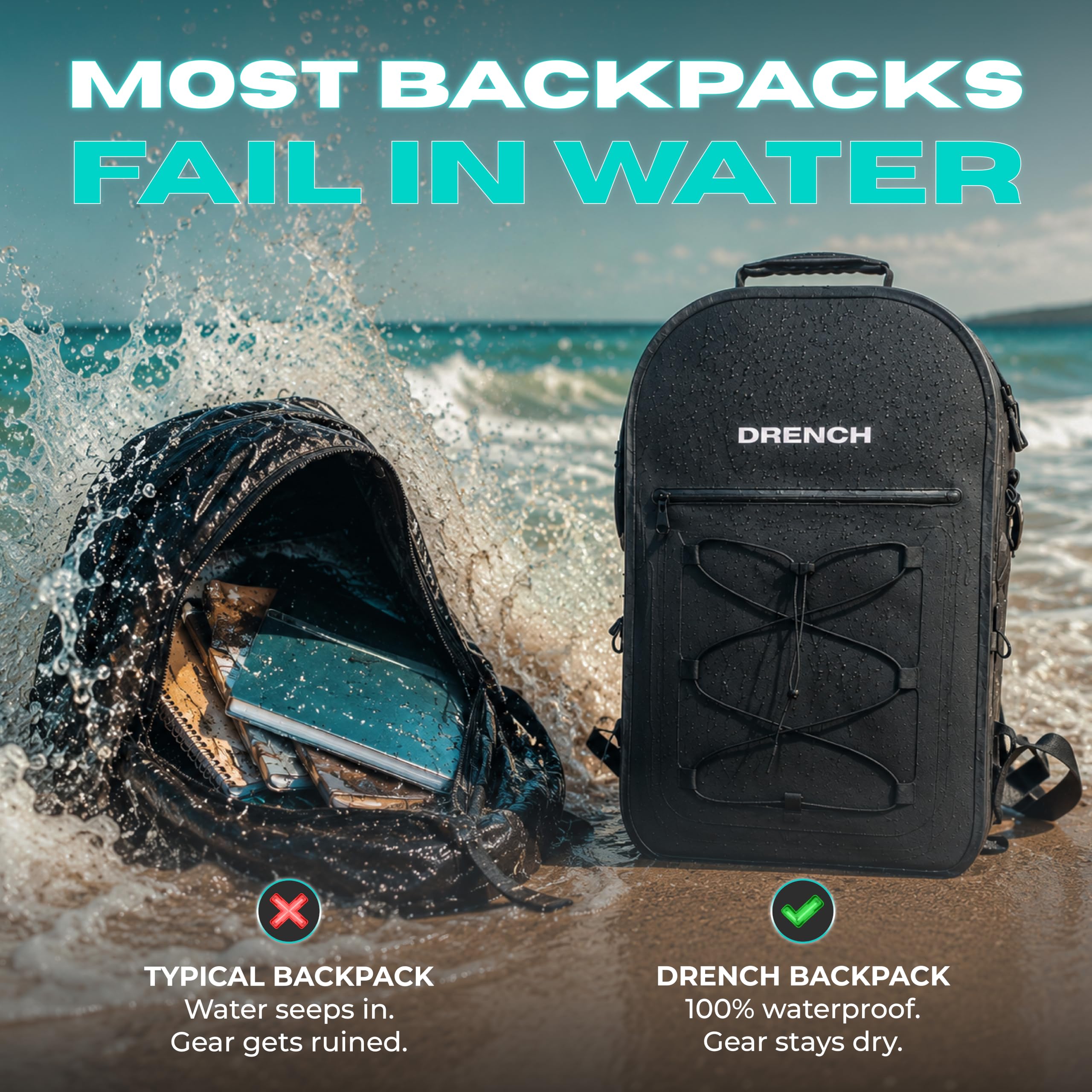 DRENCH Sac à dos 100 % étanche 25 L | Sac étanche IPX8 entièrement submersible avec joint hermétique | Sac à dos de voyage flottant pour ordinateur portable de 16" | Système de boucle pour la pêche