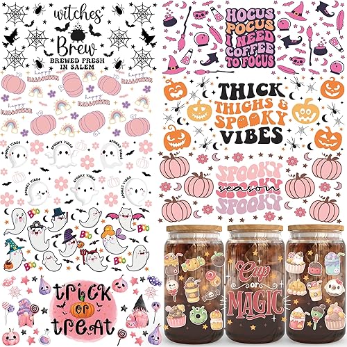 Uv Dtf - Envolturas de copa para Halloween de 16 onzas, 9 hojas de calcomanías de transferencia Uvdtf a granel, envolturas DTF calcomanías de vidrio