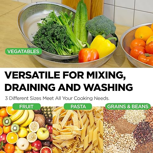 Miniatura 4 de Juego de 3 coladores grandes de acero inoxidable 188 304 de alta calidad, cómodos coladores microperforados poco profundos, juego de bandejas de