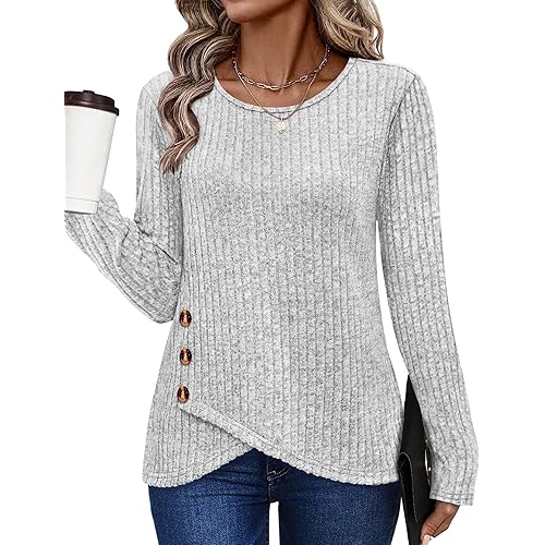 XIEERDUO Tunic Sweaters for Women Long Sleeve Shirts Crew Neck Tops with Buttons Fall Fashion Outfits Winter Clothing
