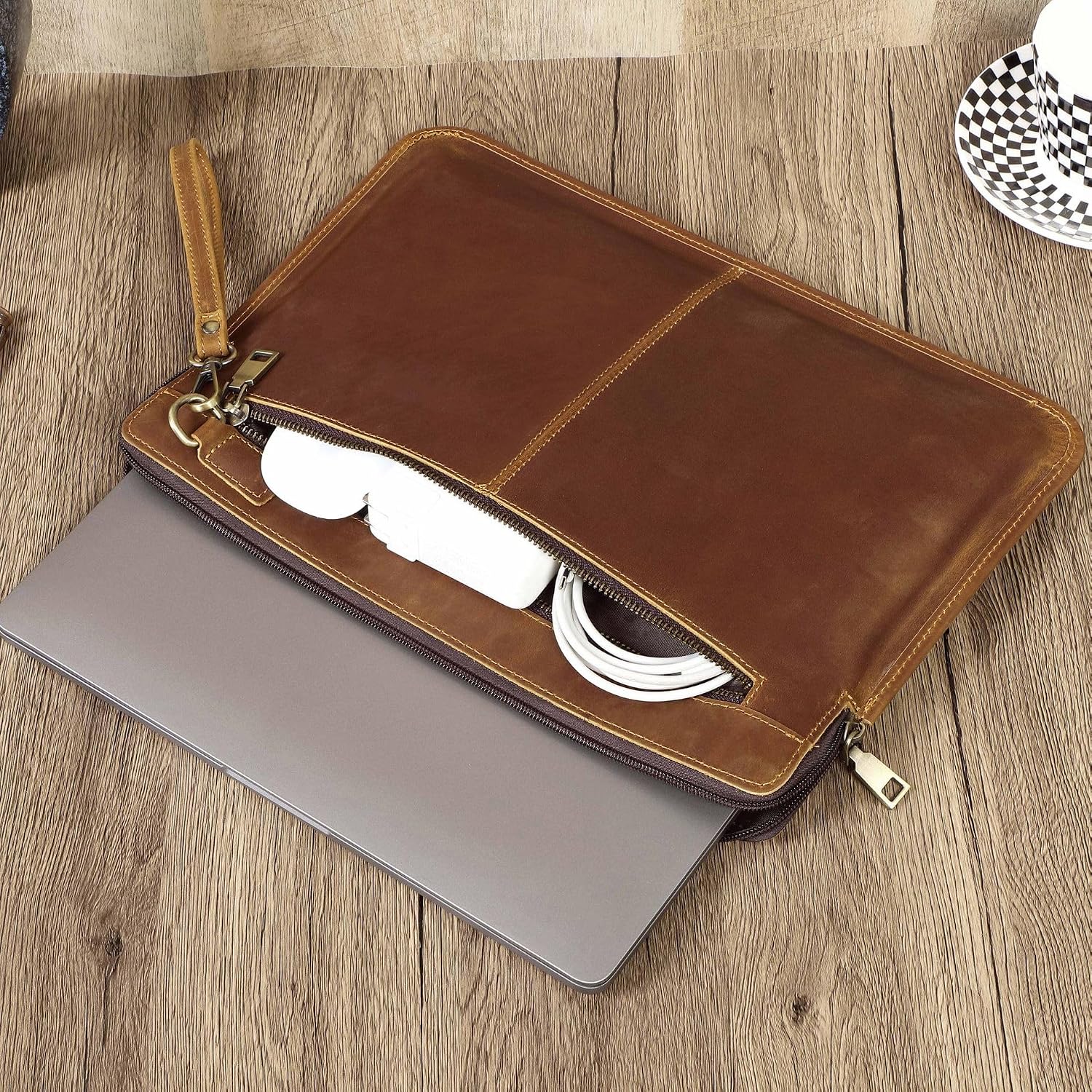Vintage Handmade Top Grain Genuine Leather Zipper Closure Compartments Laptop Sleeve Case Bag Compatible with Apple MacBook Pro 14.2" M1 M2 M3 M4 Pro/Max 2021/2023/2024 (Brown) image 3