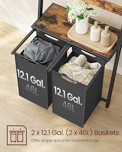 Miniatura 4 de VASAGLE Laundry Basket, 2-Section Laundry Hamper with Blanket Ladder, Pull-Out and Removable Liners, Shelf, 5 Hooks, 2 x 12.1 Gallons, 28.7 x 13 x