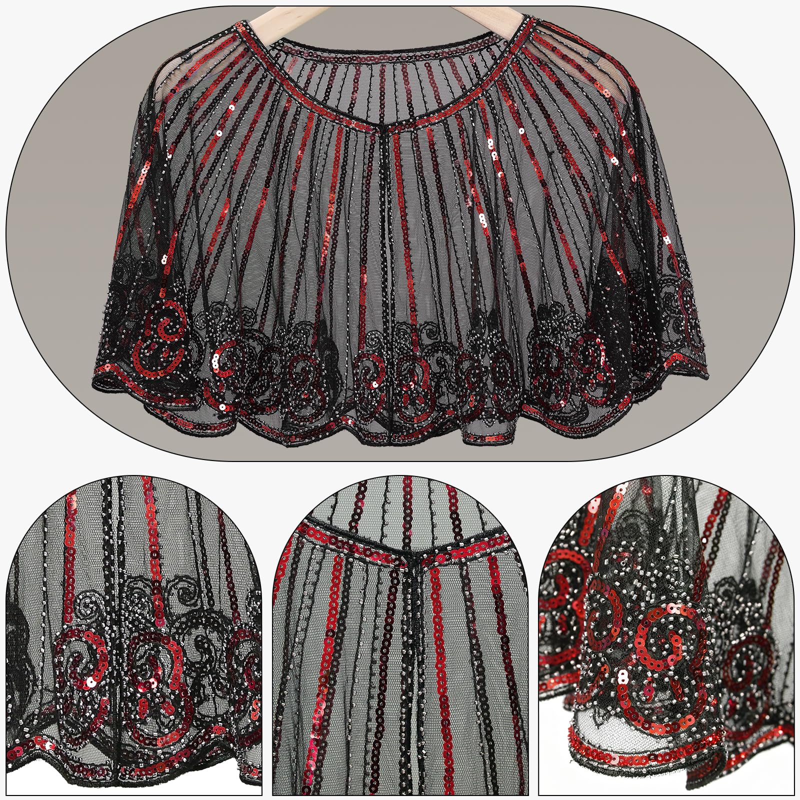 ELECLAND 10 Pieces 1920s Flapper Great Gatsby Accessories Set Fashion Roaring 20's Theme Set including Headband Headpiece Long Black Gloves Necklace Earrings for Women (Red - Image 3