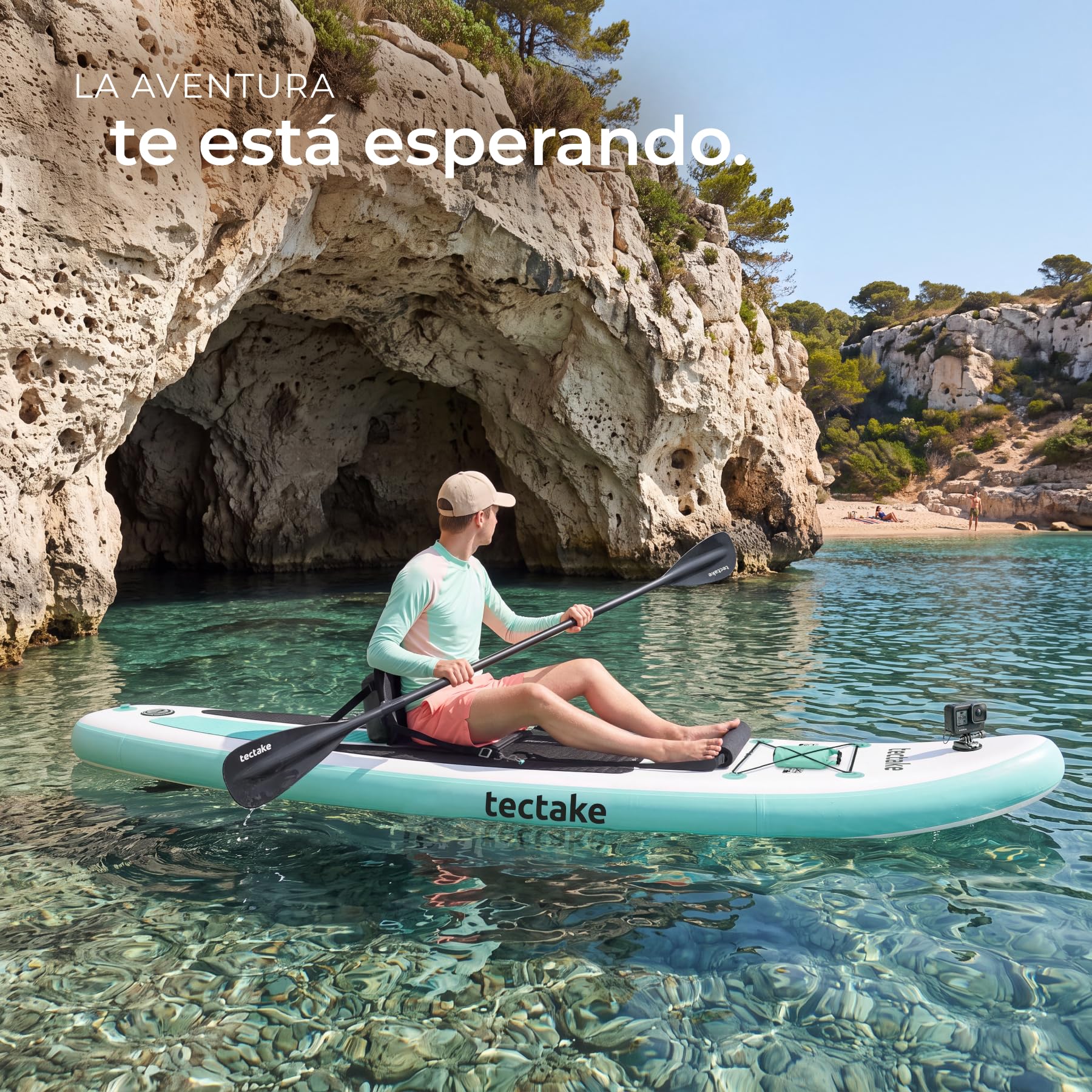 tectake® Tabla Paddle Surf Hinchable, Soporte Cámara, Kayak, 200 kg | Soporte para Cámara, Asiento de Kayak Convertible, Capacidad 200 kg, Superficie Antideslizante, SUP, Blanco y Turquesa