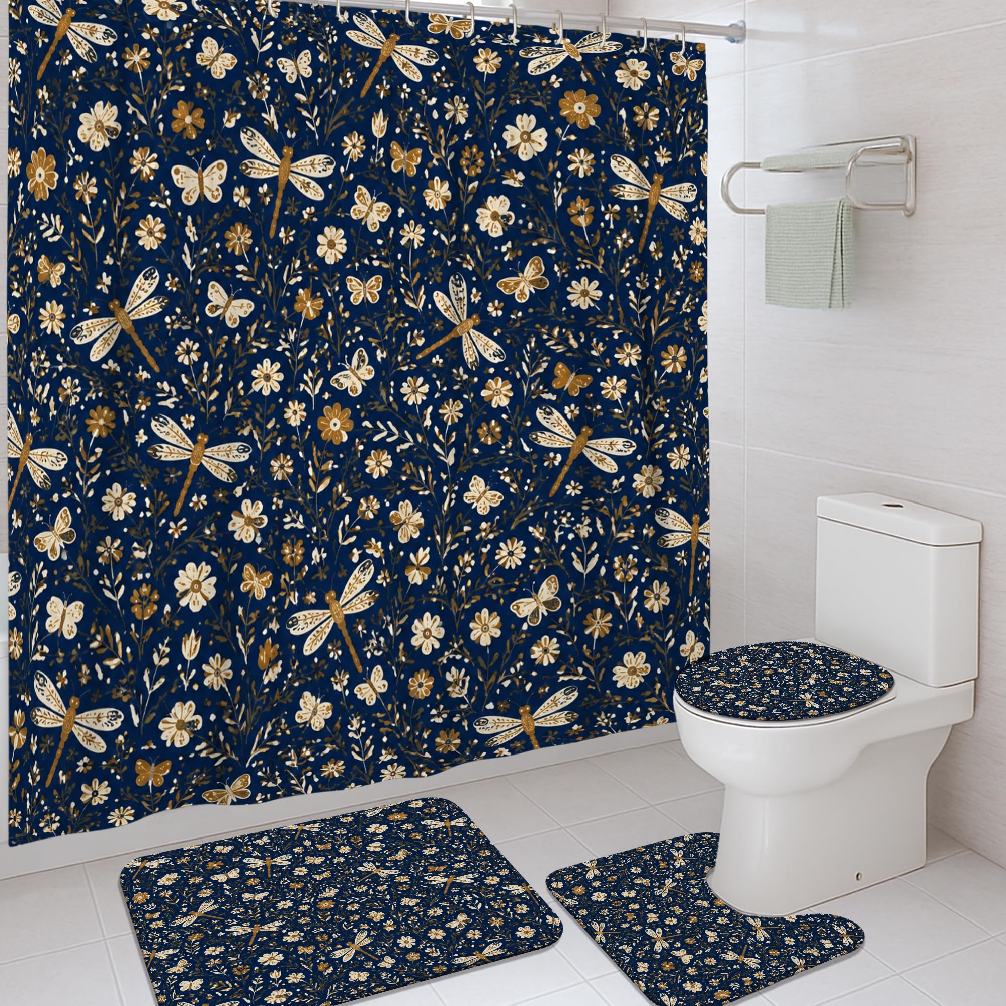 Rideau de douche libellule bleu marine imperméable 183x183 cm