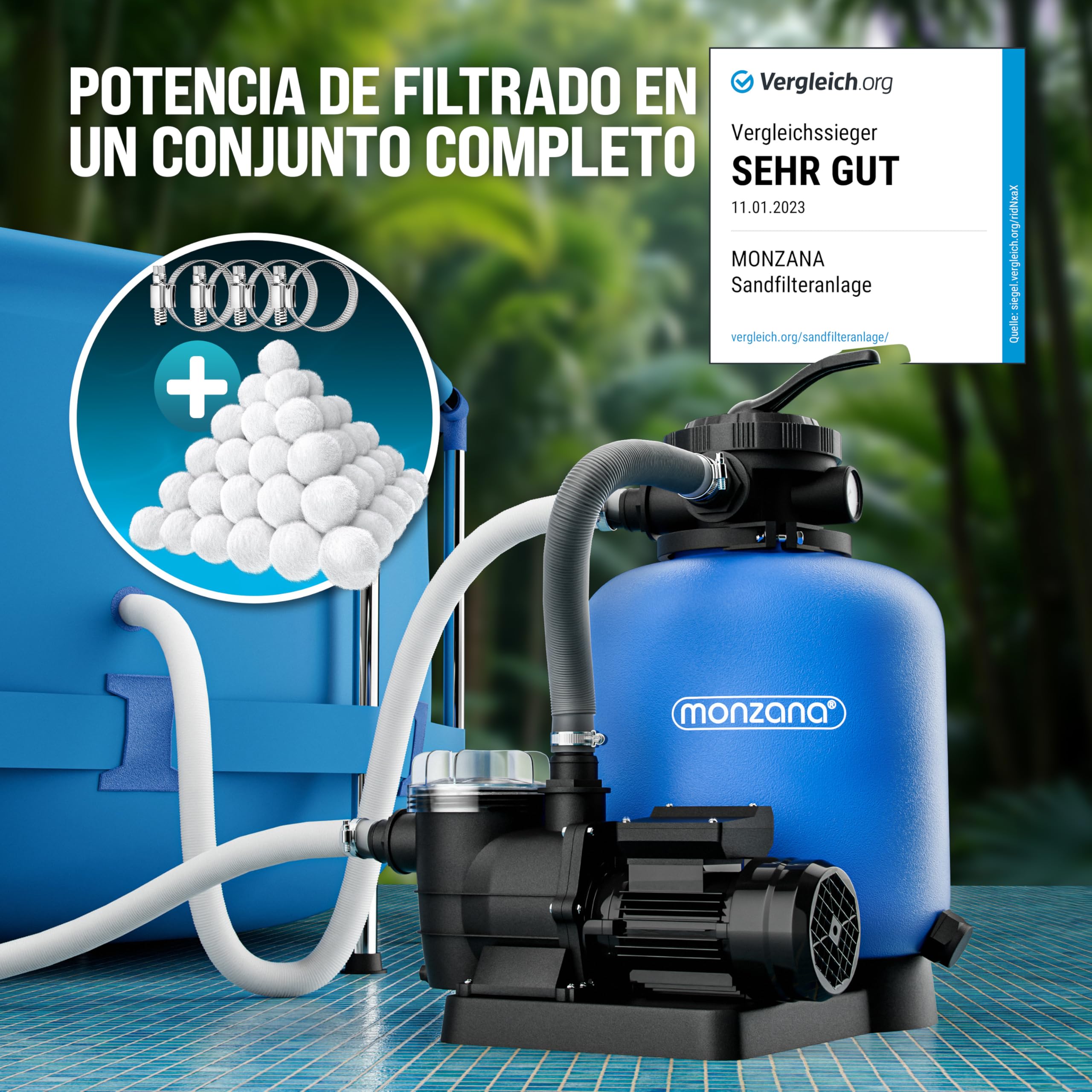 Monzana® Depuradora Piscina 13.200L/h Filtro de Arena hasta 58.000L Incl. Bolas Filtrantes Válvula 7 Funciones Filtrado 600W Adaptador Ø32-38mm Bomba Indicador de Presión